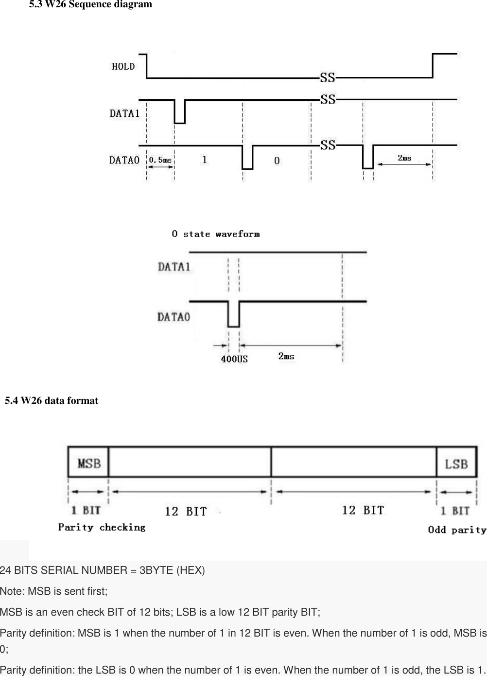     5.3 W26 Sequence diagram               5.4 W26 data format         24 BITS SERIAL NUMBER = 3BYTE (HEX) Note: MSB is sent first; MSB is an even check BIT of 12 bits; LSB is a low 12 BIT parity BIT; Parity definition: MSB is 1 when the number of 1 in 12 BIT is even. When the number of 1 is odd, MSB is 0; Parity definition: the LSB is 0 when the number of 1 is even. When the number of 1 is odd, the LSB is 1. 