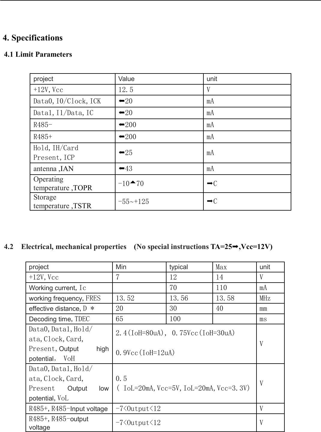 4. Specifications4.1 Limit Parameters 4.2    Electrical, mechanical properties  (No special instructions TA=25,Vcc=12V) project Min typical Max  unit +12V,Vcc 7  12  14  V Working current,Ic  70  110  mA working frequency,FRES  13.52  13.56  13.58  MHz effective distance,D *  20  30  40  mm Decoding time,TDEC  65  100  ms Data0,Data1,Hold/ ata,Clock,Card, Present,Output  high potential， VoH 2.4(IoH=80uA), 0.75Vcc(IoH=30uA) V 0.9Vcc(IoH=12uA) Data0,Data1,Hold/ ata,Clock,Card, Present  Output  low potential,VoL 0.5 ( IoL=20mA,Vcc=5V,IoL=20mA,Vcc=3.3V) V R485+,R485-Input voltage -7&lt;Output&lt;12 V R485+,R485-output voltage -7&lt;Output&lt;12 V project Value unit +12V,Vcc 12.5  V Data0,I0/Clock,ICK  20mA Data1,I1/Data,IC     20mA R485-  200mA R485+   200mA Hold,IH/Card Present,ICP  25mA antenna ,IAN  43mA Operating temperature ,TOPR  -1070 CStorage temperature ,TSTR  -55~+125 C