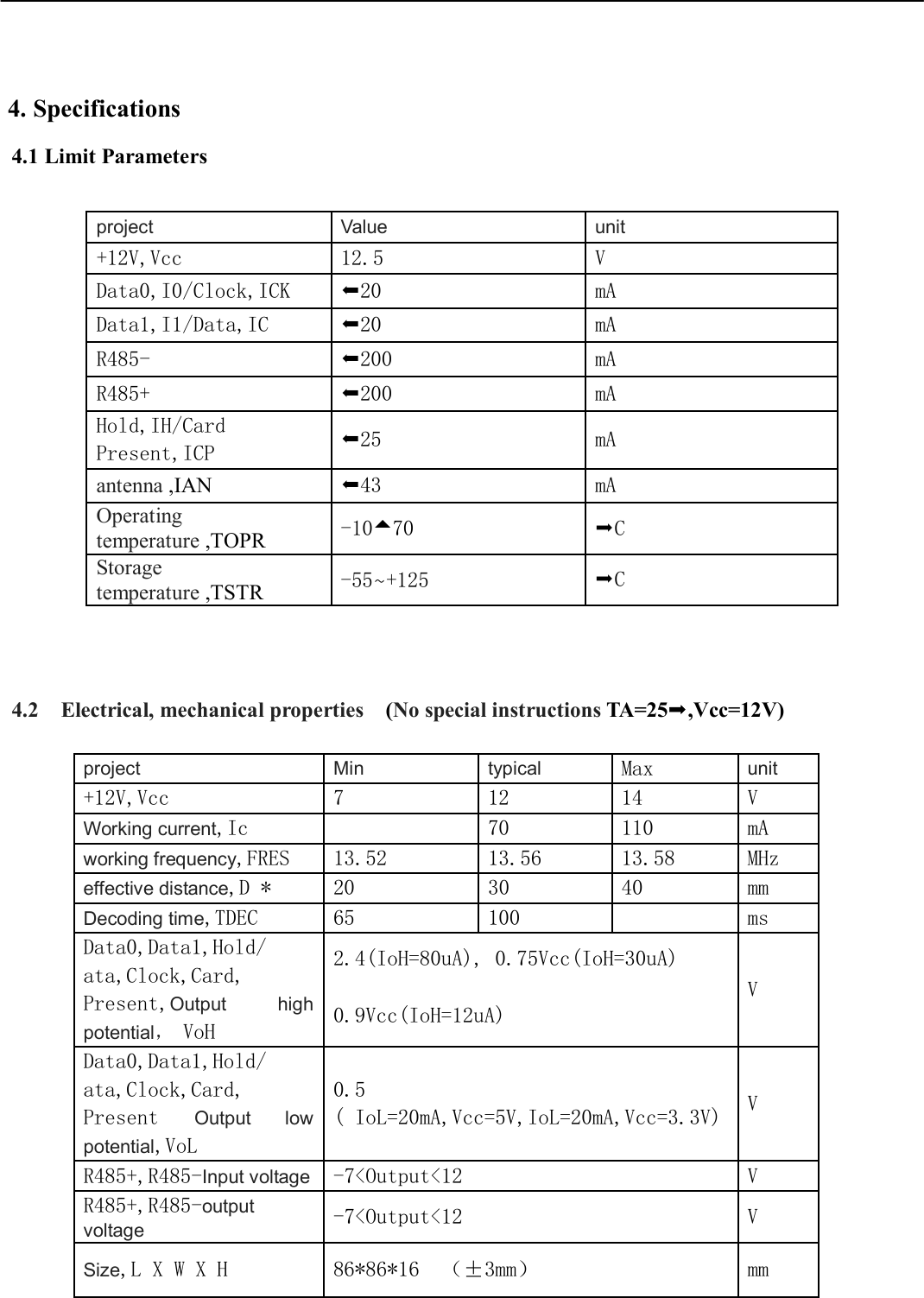      4. Specifications 4.1 Limit Parameters                         4.2    Electrical, mechanical properties    (No special instructions TA=25,Vcc=12V)  project Min typical Max  unit +12V,Vcc  7  12  14  V Working current,Ic      70  110  mA working frequency,FRES  13.52  13.56  13.58  MHz effective distance,D *  20  30  40  mm Decoding time,TDEC  65  100      ms Data0,Data1,Hold/ ata,Clock,Card, Present,Output  high potential， VoH 2.4(IoH=80uA), 0.75Vcc(IoH=30uA) V 0.9Vcc(IoH=12uA) Data0,Data1,Hold/ ata,Clock,Card, Present  Output  low potential,VoL 0.5 ( IoL=20mA,Vcc=5V,IoL=20mA,Vcc=3.3V) V R485+,R485-Input voltage -7&lt;Output&lt;12  V R485+,R485-output voltage -7&lt;Output&lt;12  V Size,L X W X H  86*86*16  （±3mm）  mm project Value unit +12V,Vcc  12.5  V Data0,I0/Clock,ICK  20mA Data1,I1/Data,IC      20mA R485-  200mA R485+    200mA Hold,IH/Card Present,ICP  25mA antenna ,IAN  43mA Operating temperature ,TOPR  -1070  CStorage temperature ,TSTR  -55~+125  C