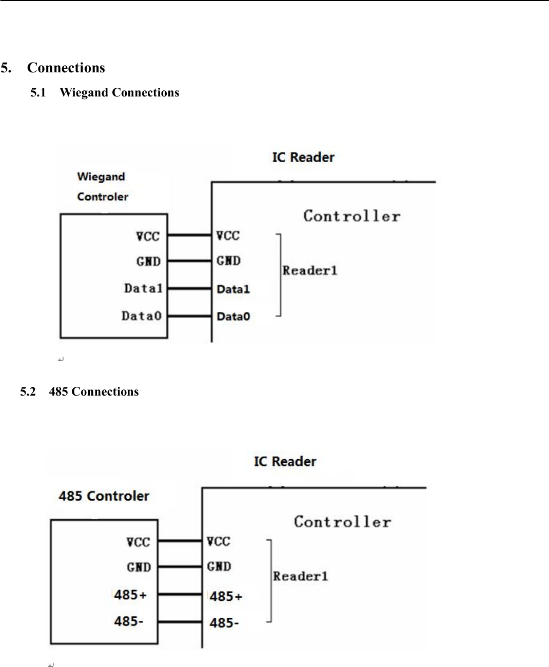     5.    Connections           5.1    Wiegand Connections           5.2    485 Connections          