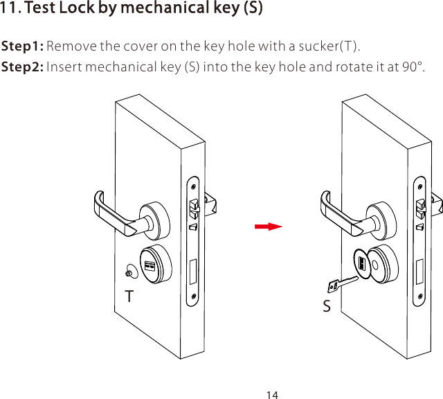 14Step1: Remove the cover on the key hole with a sucker(T ).Step2: Insert mechanical key (S) into the key hole and rotate it at 90°.11. Test Lock by mechanical key (S)TS