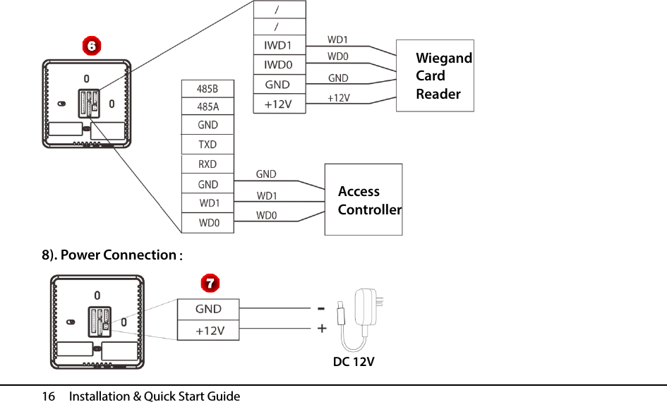  16   Installation &amp; Quick Start Guide  8). Power Connection：    DC 12V Wiegand   Card Reader Access Controller 