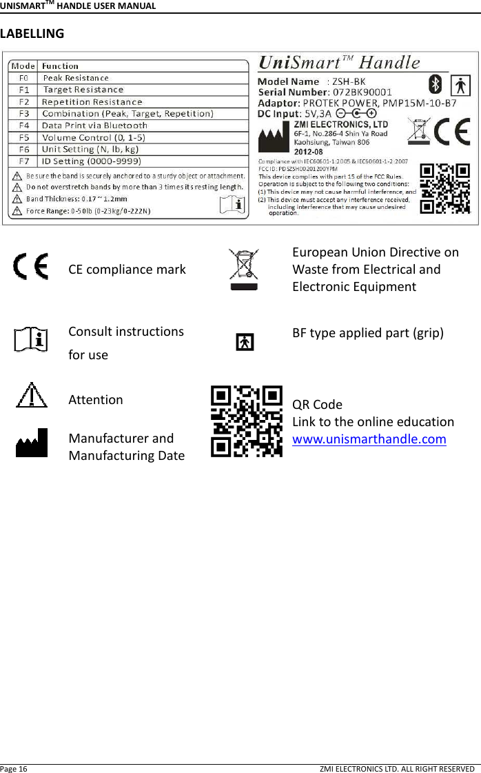 UNISMARTTM HANDLE USER MANUAL  Page 16                                                                                                                                        ZMI ELECTRONICS LTD. ALL RIGHT RESERVED LABELLING   CE compliance mark  European Union Directive on Waste from Electrical and Electronic Equipment  Consult instructions for use   BF type applied part (grip)   Attention  QR Code   Link to the online education   www.unismarthandle.com    Manufacturer and Manufacturing Date 