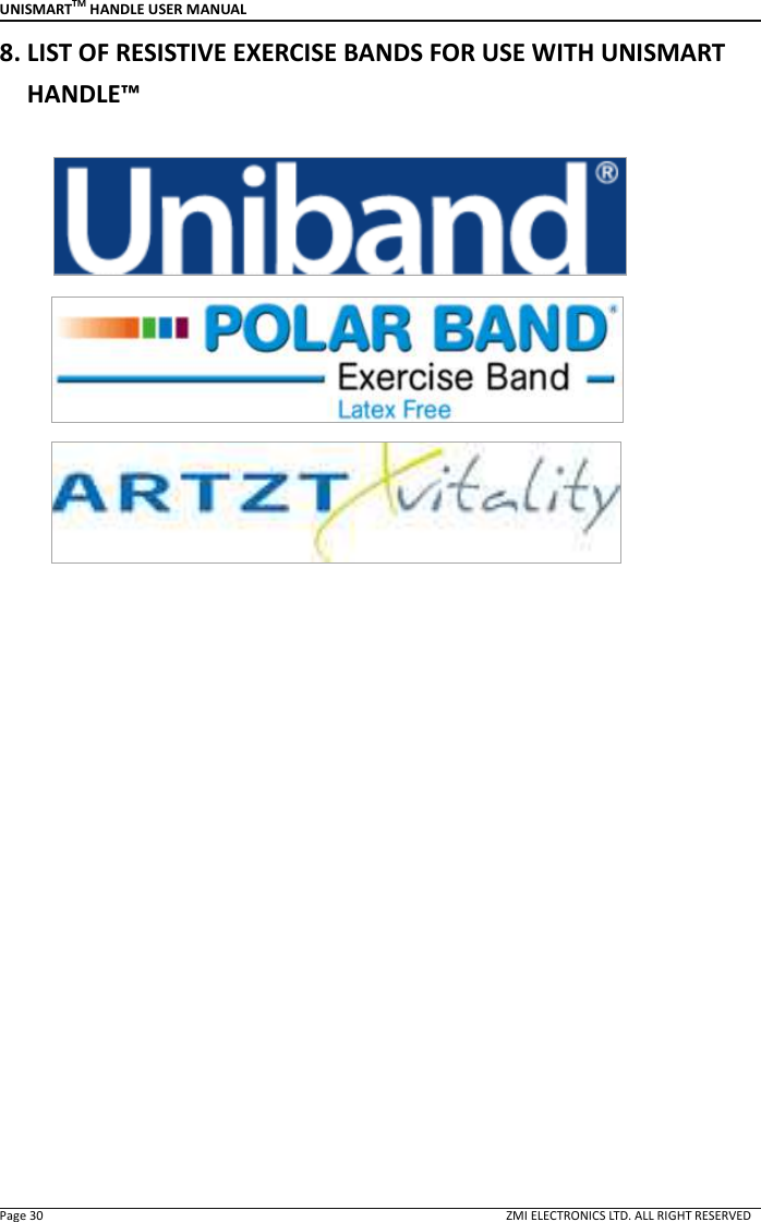 UNISMARTTM HANDLE USER MANUAL  Page 30                                                                                                                                        ZMI ELECTRONICS LTD. ALL RIGHT RESERVED 8. LIST OF RESISTIVE EXERCISE BANDS FOR USE WITH UNISMART HANDLE&trade;                       