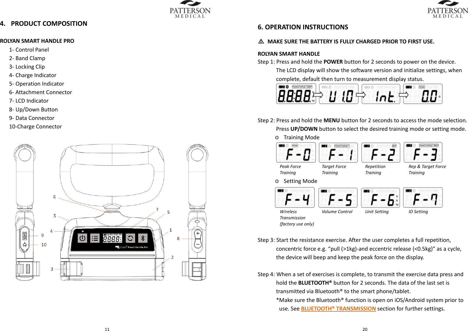  114. PRODUCTCOMPOSITIONROLYANSMARTHANDLEPRO1‐ControlPanel2‐BandClamp3‐LockingClip4‐ChargeIndicator5‐OperationIndicator6‐AttachmentConnector7‐LCDIndicator8‐Up/DownButton9‐DataConnector10‐ChargeConnector 206.OPERATIONINSTRUCTIONS MAKESURETHEBATTERYISFULLYCHARGEDPRIORTOFIRSTUSE.ROLYANSMARTHANDLEStep1:PressandholdthePOWERbuttonfor2secondstopoweronthedevice.TheLCDdisplaywillshowthesoftwareversionandinitializesettings,whencomplete,defaultthenturntomeasurementdisplaystatus.       Step2:PressandholdtheMENUbuttonfor2secondstoaccessthemodeselection.PressUP/DOWNbuttontoselectthedesiredtrainingmodeorsettingmode.o TrainingMode    PeakForceTrainingTargetForceTrainingRepetitionTrainingRep&amp;TargetForceTrainingo SettingMode    WirelessTransmission(factoryuseonly)VolumeControlUnitSettingIDSettingStep3:Starttheresistanceexercise.Aftertheusercompletesafullrepetition,concentricforcee.g.&ldquo;pull(>1kg)‐andeccentricrelease(<0.5kg)&rdquo;asacycle,thedevicewillbeepandkeepthepeakforceonthedisplay.Step4:Whenasetofexercisesiscomplete,totransmittheexercisedatapressandholdtheBLUETOOTH&reg;buttonfor2seconds.ThedataofthelastsetistransmittedviaBluetooth&reg;tothesmartphone/tablet.*MakesuretheBluetooth&reg;functionisopenoniOS/Androidsystempriortouse.SeeBLUETOOTH&reg;TRANSMISSIONsectionforfurthersettings.
