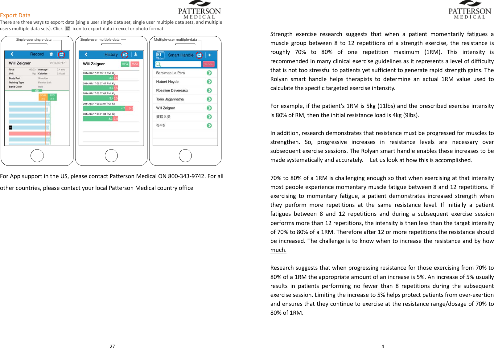  27ExportDataTherearethreewaystoexportdata(singleusersingledataset,singleusermultipledatasets,andmultipleusersmultipledatasets).Clickicontoexportdatainexcelorphotoformat.ForAppsupportintheUS,pleasecontactPattersonMedicalON800‐343‐9742.Forallothercountries,pleasecontactyourlocalPattersonMedicalcountryofficeSingle‐usersingle‐dataSingle‐usermultiple‐dataMultiple‐usermultiple‐data 4Strengthexerciseresearchsuggeststhatwhenapatientmomentarilyfatiguesamusclegroupbetween8to12repetitionsofastrengthexercise,theresistanceisroughly70%to80%ofonerepetitionmaximum(1RM).Thisintensityisrecommendedinmanyclinicalexerciseguidelinesasitrepresentsalevelofdifficultythatisnottoostressfultopatientsyetsufficienttogeneraterapidstrengthgains.TheRolyansmarthandlehelpstherapiststodetermineanactual1RMvalueusedtocalculatethespecifictargetedexerciseintensity.Forexample,ifthepatient&rsquo;s1RMis5kg(11lbs)andtheprescribedexerciseintensityis80%ofRM,thentheinitialresistanceloadis4kg(9lbs).Inaddition,researchdemonstratesthatresistancemustbeprogressedformusclestostrengthen.So,progressiveincreasesinresistancelevelsarenecessaryoversubsequentexercisesessions.TheRolyansmarthandleenablestheseincreasestobemadesystematicallyandaccurately.Letuslookathowthisisaccomplished.70%to80%ofa1RMischallengingenoughsothatwhenexercisingatthatintensitymostpeopleexperiencemomentarymusclefatiguebetween8and12repetitions.Ifexercisingtomomentaryfatigue,apatientdemonstratesincreasedstrengthwhentheyperformmorerepetitionsatthesameresistancelevel.Ifinitiallyapatientfatiguesbetween8and12repetitionsandduringasubsequentexercisesessionperformsmorethan12repetitions,theintensityisthenlessthanthetargetintensityof70%to80%ofa1RM.Thereforeafter12ormorerepetitionstheresistanceshouldbeincreased.Thechallengeistoknowwhentoincreasetheresistanceandbyhowmuch.Researchsuggeststhatwhenprogressingresistanceforthoseexercisingfrom70%to80%ofa1RMtheappropriateamountofanincreaseis5%.Anincreaseof5%usuallyresultsinpatientsperformingnofewerthan8repetitionsduringthesubsequentexercisesession.Limitingtheincreaseto5%helpsprotectpatientsfromover‐exertionandensuresthattheycontinuetoexerciseattheresistancerange/dosageof70%to80%of1RM.