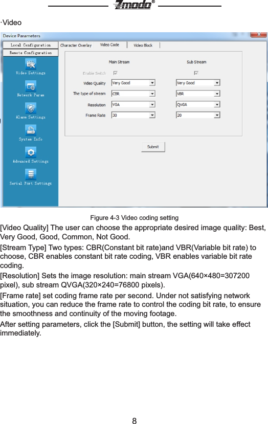 &reg;8&middot;Video ngCodiFigure 4-3 Video coding setting[Video Quality] The user can choose the appropriate desired image quality: Best, Very Good, Good, Common, Not Good.[Stream Type] Two types: CBR(Constant bit rate)and VBR(Variable bit rate) to choose, CBR enables constant bit rate coding, VBR enables variable bit rate coding.[Resolution] Sets the image resolution: main stream VGA(640&times;480=307200 pixel), sub stream QVGA(320&times;240=76800 pixels).[Frame rate] set coding frame rate per second. Under not satisfying network situation, you can reduce the frame rate to control the coding bit rate, to ensure the smoothness and continuity of the moving footage.After setting parameters, click the [Submit] button, the setting will take effect immediately.