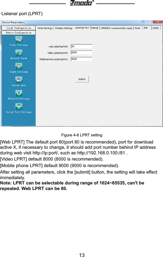 13&reg;&middot;Listener port (LPRT)Figure 4-8 LPRT setting[Web LPRT] The default port 80(port 80 is recommended), port for download active X, if necessary to change, it should add port number behind IP address during web visit http://ip:port/, such as http://192.168.0.100:/81 .[Video LPRT] default 8000 (8000 is recommended).[Mobile phone LPRT] default 9000 (9000 is recommended).After setting all parameters, click the [submit] button, the setting will take effect immediately.Note: LPRT can be selectable during range of 1024~65535, can't be repeated. Web LPRT can be 80.
