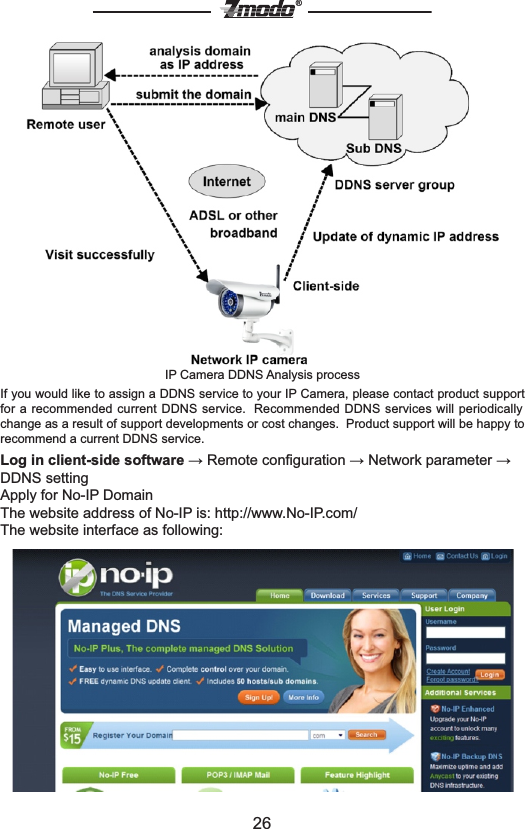 26&reg;IP Camera DDNS Analysis processIf you would like to assign a DDNS service to your IP Camera, please contact product support for  a recommended current DDNS service.  Recommended DDNS  services will  periodically change as a result of support developments or cost changes.  Product support will be happy to recommend a current DDNS service.Log in client-side software &rarr; Remote conﬁguration &rarr; Network parameter &rarr; DDNS settingApply for No-IP DomainThe website address of No-IP is: http://www.No-IP.com/The website interface as following: 