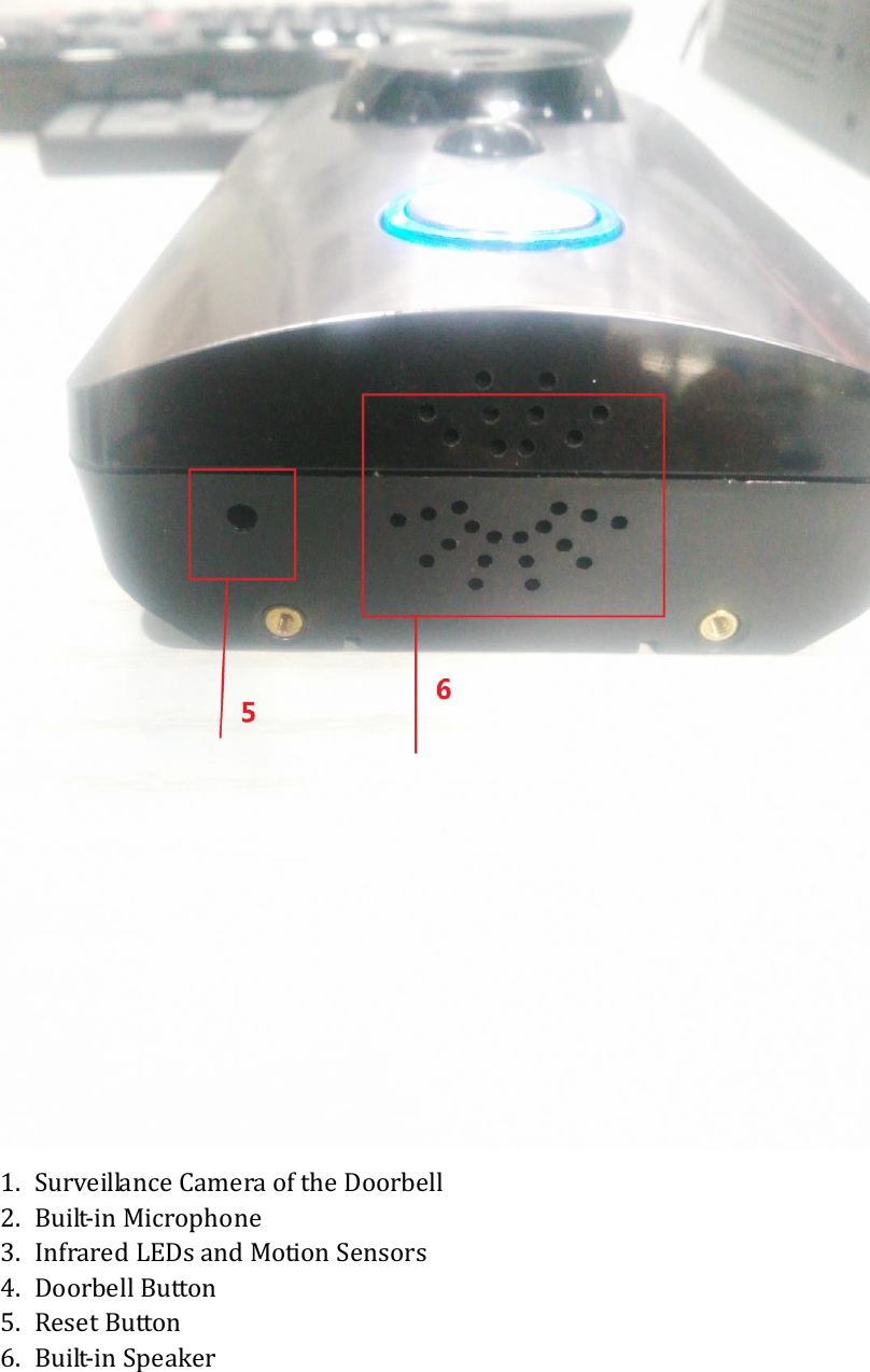   1.  Surveillance Camera of the Doorbell 2.  Built-in Microphone 3.  Infrared LEDs and Motion Sensors 4.  Doorbell Button 5.  Reset Button 6.  Built-in Speaker       