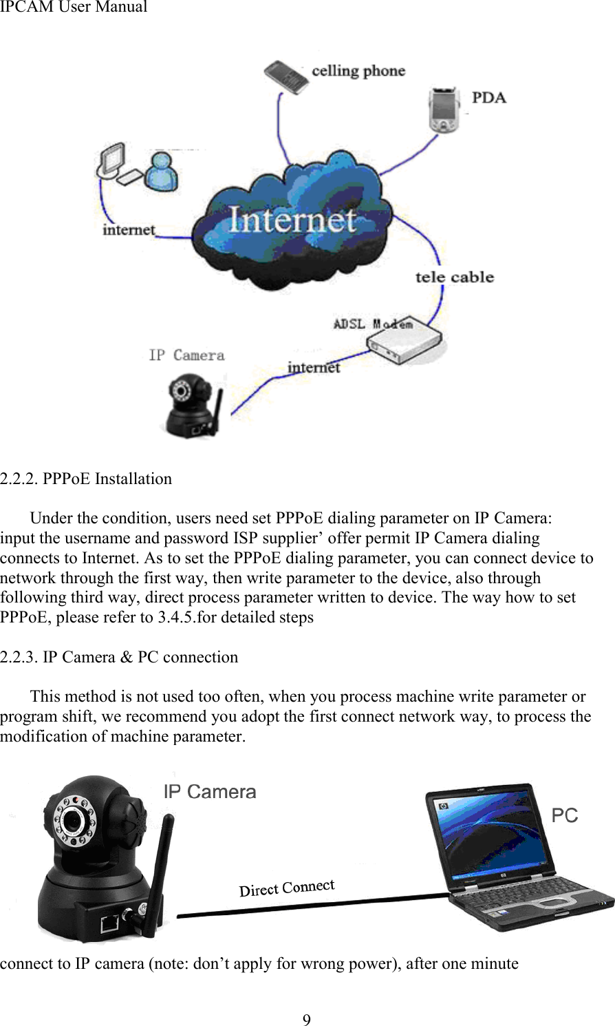 IPCAM User Manual92.2.2. PPP o E InstallationUnder the condition, users need set PPPoE dialing parameter on IP Camera:input the username and password ISP supplier &rsquo; offer permit IP Camera dialingconnects to Internet. As to set the PPPoE dialing parameter, you can connect device tonetwork through the first way, then write parameter to the device, also throughfollowing third way, direct process parameter written to device. The way how to setPPPoE, please refer to 3.4.5.for detailed steps2.2.3. IP Camera &amp; PC connectionThis method is not used too often, when you process machine write parameter orprogram shift, we recommend you adopt the first connect network way, to process themodification of machine parameter.connect to IP camera (note: don &rsquo; t apply for wrong power), after one minute