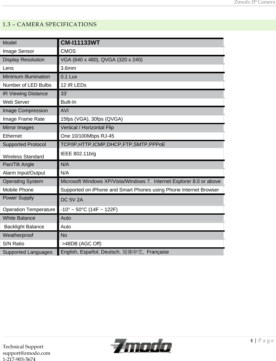 Zmodo IP Camera 4 | Page Technical Support   support@zmodo.com  1-217-903-5674   1.3 &ndash; CAMERA SPECIFICATIONS Model   CM-I11133WT Image Sensor   CMOS Display Resolution   VGA (640 x 480), QVGA (320 x 240) Lens 3.6mm Minimum Illumination   0.1 Lux  Number of LED Bulbs  12 IR LEDs  IR Viewing Distance  33&rsquo;   Web Server   Built-In  Image Compression   AVI  Image Frame Rate   15fps (VGA), 30fps (QVGA) Mirror Images   Vertical / Horizontal Flip Ethernet   One 10/100Mbps RJ-45 Supported Protocol   TCP/IP,HTTP,ICMP,DHCP,FTP,SMTP,PPPoE  Wireless Standard   IEEE 802.11b/g Pan/Tilt Angle   N/A Alarm Input/Output   N/A Operating System   Microsoft Windows XP/Vista/Windows 7.  Internet Explorer 8.0 or above Mobile Phone   Supported on iPhone and Smart Phones using Phone Internet Browser  Power Supply  DC 5V 2A  Operation Temperature  -10&deg; ~ 50&deg;C (14F ~ 122F)  White Balance  Auto  Backlight Balance  Auto Weatherproof  No S/N Ratio   >48DB (AGC Off)  Supported Languages  English, Espa&ntilde;ol, Deutsch, 简体中文,  Fran&ccedil;aise 