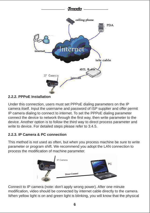 This method is not used as often, but when you process machine be sure to write parameter or program shift. We recommend you adopt the LAN connection to process the modification of machine parameter.2.2.3. IP Camera &amp; PC connectionUnder this connection, users must set PPPoE dialing parameters on the IP camera itself. Input the username and password of ISP supplier and offer permit IP camera dialing to connect to internet. To set the PPPoE dialing parameter connect the device to network through the first way, then write parameter to the device. Another option is to follow the third way to direct process parameter and  write to device. For detailed steps please refer to 3.4.5.2.2.2. PPPoE InstallationConnect to IP camera (note: don't apply wrong power). After one minute modification, video should be connected by internet cable directly to the camera. When yellow light is on and green light is blinking, you will know that the physical 6  IP Camera