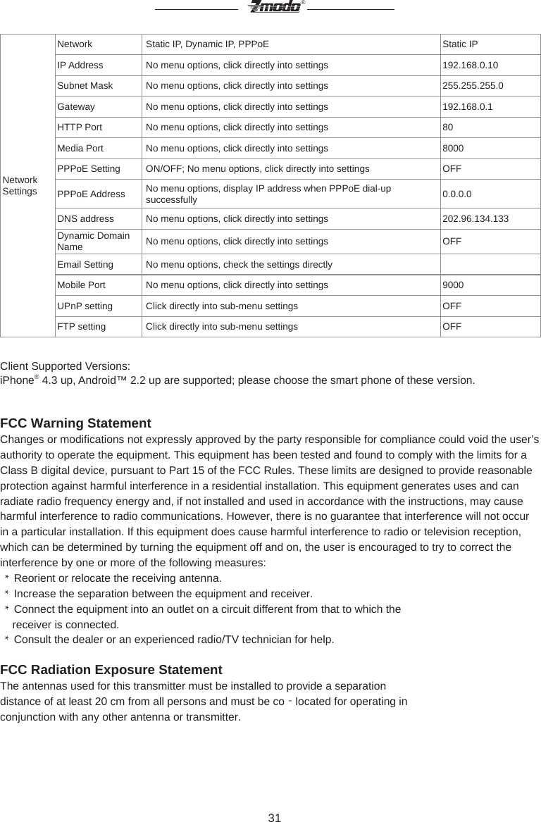 31&reg;NetworkSettings Network Static IP, Dynamic IP, PPPoE Static IPIP Address No menu options, click directly into settings 192.168.0.10Subnet Mask No menu options, click directly into settings 255.255.255.0Gateway No menu options, click directly into settings 192.168.0.1HTTP Port No menu options, click directly into settings 80Media Port No menu options, click directly into settings 8000PPPoE Setting ON/OFF; No menu options, click directly into settings OFFPPPoE Address No menu options, display IP address when PPPoE dial-up successfully 0.0.0.0DNS address No menu options, click directly into settings 202.96.134.133Dynamic Domain Name No menu options, click directly into settings OFFEmail Setting No menu options, check the settings directlyMobile Port No menu options, click directly into settings 9000UPnP setting Click directly into sub-menu settings OFFFTP setting Click directly into sub-menu settings OFFClient Supported Versions:iPhone&reg; 4.3 up, Android&trade; 2.2 up are supported; please choose the smart phone of these version.FCC Warning StatementChanges or modifications not expressly approved by the party responsible for compliance could void the user&rsquo;s authority to operate the equipment. This equipment has been tested and found to comply with the limits for a Class B digital device, pursuant to Part 15 of the FCC Rules. These limits are designed to provide reasonable protection against harmful interference in a residential installation. This equipment generates uses and can radiate radio frequency energy and, if not installed and used in accordance with the instructions, may cause harmful interference to radio communications. However, there is no guarantee that interference will not occur in a particular installation. If this equipment does cause harmful interference to radio or television reception, which can be determined by turning the equipment off and on, the user is encouraged to try to correct the interference by one or more of the following measures:  *  Reorient or relocate the receiving antenna.  *  Increase the separation between the equipment and receiver.  *  Connect the equipment into an outlet on a circuit different from that to which the    receiver is connected.  *  Consult the dealer or an experienced radio/TV technician for help.FCC Radiation Exposure StatementThe antennas used for this transmitter must be installed to provide a separationdistance of at least 20 cm from all persons and must be co‐located for operating inconjunction with any other antenna or transmitter.