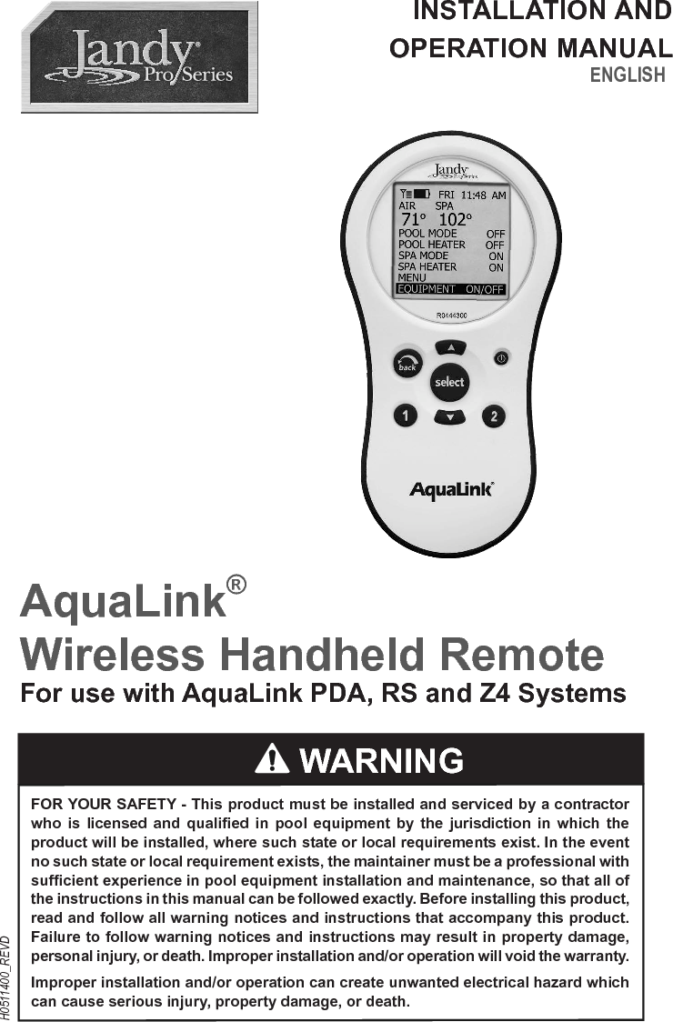 Page 2 ENGLISH    Wireless Handheld Remote | Installation and Operation Manual