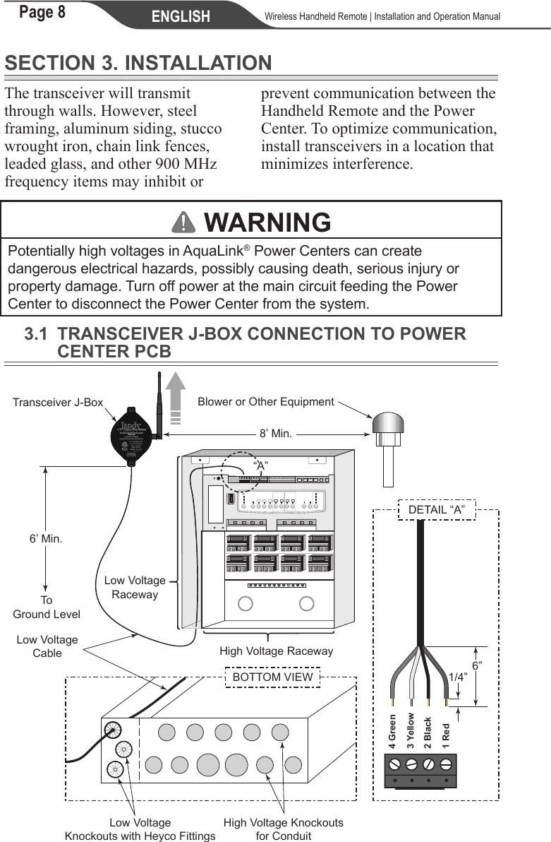 Page 8 ENGLISH    Wireless Handheld Remote | Installation and Operation ManualSECTION 3. INSTALLATIONThe transceiver will transmit through walls. However, steel framing, aluminum siding, stucco wrought iron, chain link fences, lead ed glass, and other 900 MHz frequency items may inhibit or prevent  com mu ni ca tion  between  the Handheld Remote and the Power Center. To optimize communication, install trans ceiv ers in a location that minimizes interference.  WARNINGPotentially high voltages in AquaLink® Power Centers can create dangerous electrical hazards, possibly causing death, serious injury or property damage. Turn off power at the main circuit feeding the Power Center to disconnect the Power Center from the system.3.1  TRANSCEIVER J-BOX CONNECTION TO POWER CENTER PCBLow VoltageRaceway6’ Min.ToGround LevelBlower or Other EquipmentLow VoltageCableLow VoltageKnockouts with Heyco FittingsHigh Voltage RacewayHigh Voltage Knockoutsfor ConduitTransceiver J-BoxBOTTOM VIEW8’ Min.18-Channel RF TransceiverR0686300For AquaLink® 20-ChannelHandheld Wireless Remote (P/N R0687300)Technical SupportUSA: 800.822.7933AUS: 1800.688.5523032401FCC ID: RIR400121IC: 10837A-400121Rated: 10V DCInput: 90 mAMODEL NO. 8252MADE IN CHINA“A”3 Yellow1 Red2 Black4 Green1/4”6”DETAIL “A”