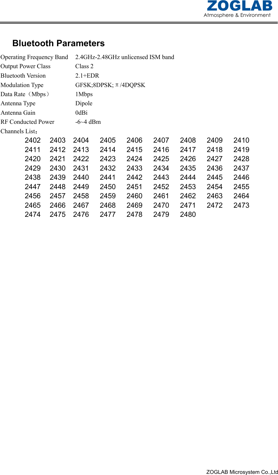 Atmosphere &amp; Environment ZOGLAB                                                                                                                                                            ZOGLAB Microsystem Co.,Ltd Bluetooth Parameters Operating Frequency Band  2.4GHz-2.48GHz unlicensed ISM band Output Power Class    Class 2 Bluetooth Version      2.1+EDR Modulation Type      GFSK;8DPSK; /4DQPSK Data Rate Mbps     1Mbps Antenna Type        Dipole Antenna Gain        0dBi RF Conducted Power    -6~4 dBm Channels List      2402 2403 2404 2405 2406 2407 2408 2409 2410 2411 2412 2413 2414 2415 2416 2417 2418 2419 2420 2421 2422 2423 2424 2425 2426 2427 2428 2429 2430 2431 2432 2433 2434 2435 2436 2437 2438 2439 2440 2441 2442 2443 2444 2445 2446 2447 2448 2449 2450 2451 2452 2453 2454 2455 2456 2457 2458 2459 2460 2461 2462 2463 2464 2465 2466 2467 2468 2469 2470 2471 2472 2473 2474 2475 2476 2477 2478 2479 2480    