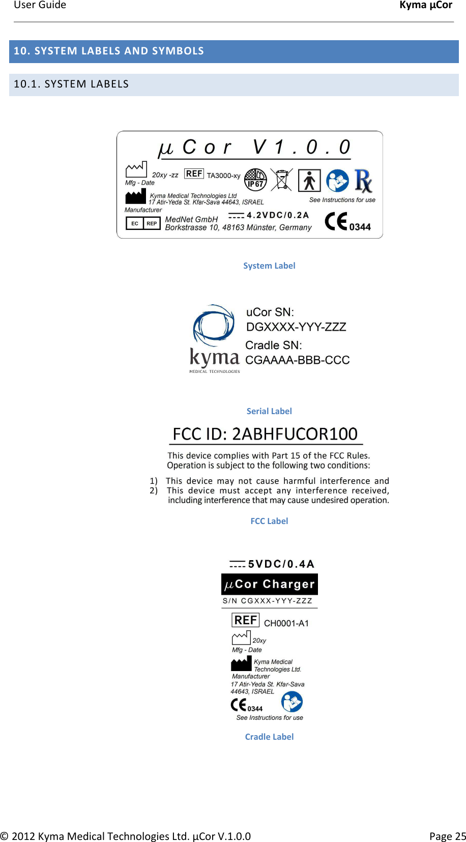 User Guide    Kyma µCor © 2012 Kyma Medical Technologies Ltd. µCor V.1.0.0  Page 25 10. SYSTEM LABELS AND SYMBOLS 10.1. SYSTEM LABELS         System Label    Serial Label  FCC Label   Cradle Label   