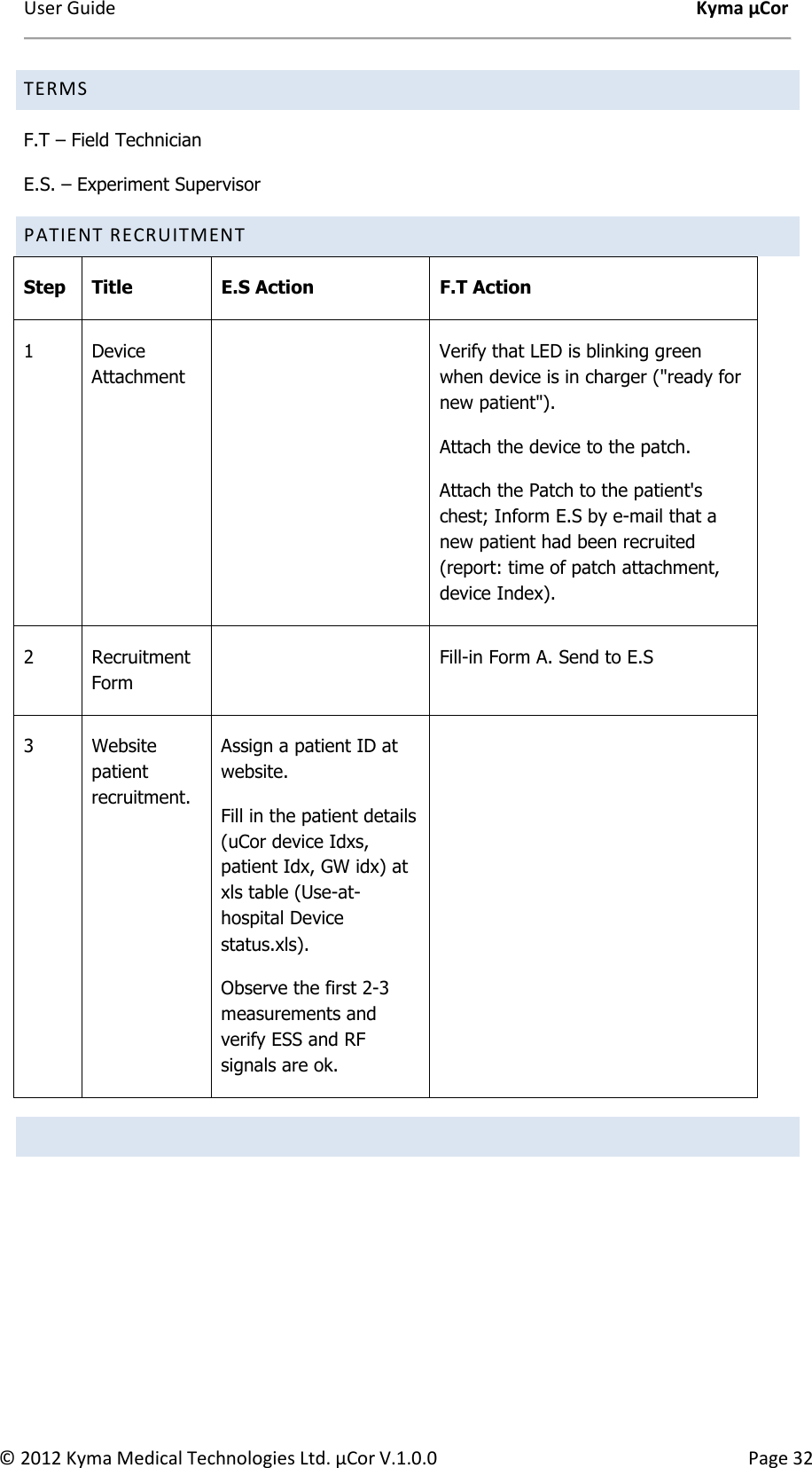 User Guide    Kyma µCor © 2012 Kyma Medical Technologies Ltd. µCor V.1.0.0  Page 32 TERMS F.T – Field Technician E.S. – Experiment Supervisor PATIENT RECRUITMENT  Step  Title  E.S Action  F.T Action 1  Device Attachment   Verify that LED is blinking green when device is in charger (&quot;ready for new patient&quot;). Attach the device to the patch. Attach the Patch to the patient&apos;s chest; Inform E.S by e-mail that a new patient had been recruited (report: time of patch attachment, device Index). 2  Recruitment Form    Fill-in Form A. Send to E.S 3  Website patient recruitment. Assign a patient ID at website. Fill in the patient details (uCor device Idxs, patient Idx, GW idx) at xls table (Use-at-hospital Device status.xls). Observe the first 2-3 measurements and verify ESS and RF signals are ok.         