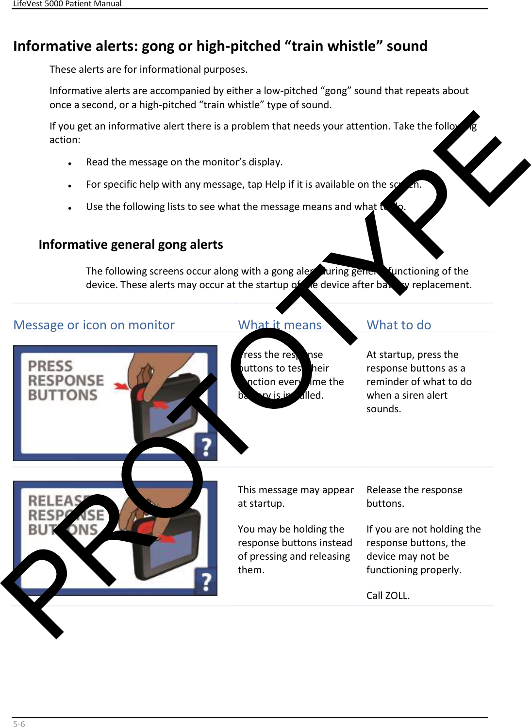     LifeVest 5000 Patient Manual        5 - 6   Informative alerts: gong or high-pitched “train whistle” sound  These alerts are for informational purposes.   Informative alerts are accompanied by either a low-pitched “gong” sound that repeats about  once a second, or a high-pitched “train whistle” type of sound.   If you get an informative alert there is a problem that needs your attention. Take the following  action:  •   Read the message on the monitor’s display.  •   For specific help with any message, tap Help if it is available on the screen.  •   Use the following lists to see what the message means and what to do.    Informative general gong alerts  The following screens occur along with a gong alert during general functioning of the  device. These alerts may occur at the startup of the device after battery replacement.    Message or  i con   on monitor   What it means   What to do     Press the response  buttons to test their  function every time the  battery is installed.  At startup, press the  response buttons as a  reminder of what to do  when a siren alert  sounds.       This message may appear  at startup.  You may be holding the  response buttons instead  of pressing and releasing  them.  Release the response  buttons.  If you are not holding the  response buttons, the  device may not be  functioning properly.   Call ZOLL.  