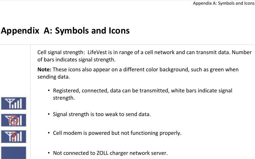  Appendix A: Symbols and Icons  Appendix  A: Symbols and Icons              Cell signal strength:  LifeVest is in range of a cell network and can transmit data. Number of bars indicates signal strength.   Note: These icons also appear on a different color background, such as green when sending data.  • Registered, connected, data can be transmitted, white bars indicate signal strength.  • Signal strength is too weak to send data.  • Cell modem is powered but not functioning properly.   • Not connected to ZOLL charger network server.  