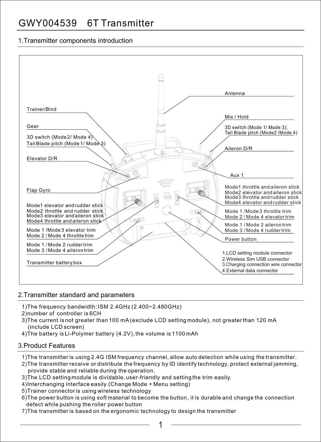 1GWY004539    6T   Transmitter1.Transmitter components introductionAntennaPower button1.LCD setting module connector2.Wireless Sim USB connector3.Charging connection wire connector4.External data connectorTransmitter battery boxMode 3 / Mode 4 aileron trimMode 1 /Mode 3 elevator trimMode 2 / Mode 4 throttle trimMode3 elevator and aileron stickMode4 throttle and aileron stickMix / HoldAileron D/RAux 1Trainer/BindGear3D switch (Mode 2/ Mode 4)Elevator D/RFlap Gyro2.Transmitter standard and parameters1)The frequency bandwidth: ISM 2.4GHz (2.400~2.480GHz)2)number of  controller is 6CH3)The current is not greater than 100 mA (exclude LCD setting module), not greater than 120 mA     (include LCD screen)4)The battery is Li-Polymer battery (4.2V), the volume is 1100 mAhTail Blade pitch (Mode 1/ Mode 3)3D switch (Mode 1/ Mode 3); Tail Blade pitch (Mode2 /Mode 4)Mode1 elevator and rudder stickMode2 throttle and rudder stickMode 1 / Mode 2 rudder trimMode3 throttle and rudder stickMode4 elevator and rudder stickMode1 throttle and aileron stickMode2 elevator and aileron stickMode 1 /Mode 3 throttle trimMode 2 / Mode 4 elevator trimMode 3 / Mode 4 rudder trimMode 1 / Mode 2 aileron trim1)2)3)4)5)6)7)The transmitter is using 2.4G ISM frequency channel, allow auto detection while using the transmitter.The transmitter receive or distribute the frequency by ID identify technology, protect external jamming,     provide stable and reliable during the operation.The LCD setting module is dividable, user-friendly and setting the trim easily.Interchanging interface easily (Change Mode + Menu setting)Trainer connector is using wireless technologyThe power button is using soft material to become the button, it is durable and change the connection    defect while pushing the roller power buttonThe transmitter is based on the ergonomic technology to design the transmitter3.Product Features