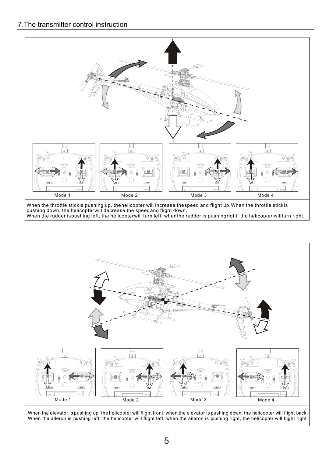 Mode 27.The transmitter control instruction5Mode 1Mode 2Mode 1Mode 4Mode 3Mode 4Mode 3When the throttle stick is pushing up, the helicopter will increase the speed and flight up. When the throttle stick is pushing down, the helicopter will decrease the speed and flight down. When the rudder is pushing left, the helicopter will turn left; when the rudder is pushing right, the helicopter will turn right.When the elevator is pushing up, the helicopter will flight front; when the elevator is pushing down, the helicopter will flight back. When the aileron is pushing left, the helicopter will flight left; when the aileron is pushing right, the helicopter will flight right.