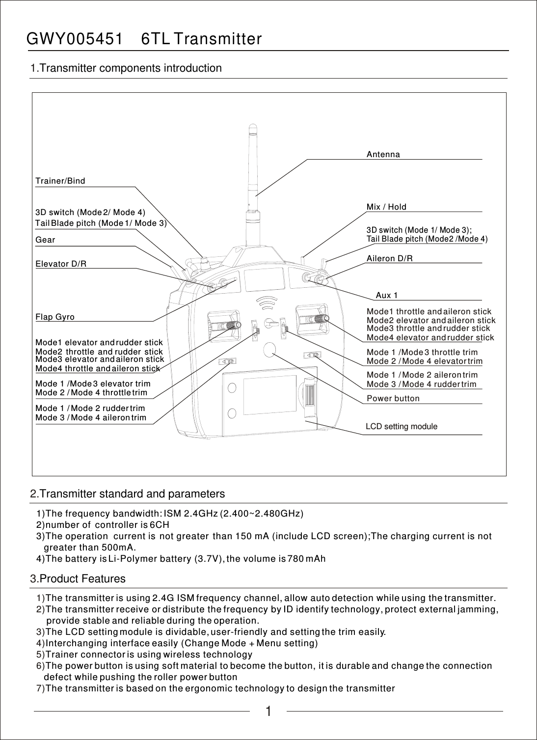 1GWY005451    6TL   Transmitter1.Transmitter components introduction2.Transmitter standard and parameters1)The frequency bandwidth: ISM 2.4GHz (2.400~2.480GHz)2)number of  controller is 6CH3)The operation  current is  not greater  than 150 mA (include LCD screen);The charging current is not    greater than 500mA.4)The battery is Li-Polymer battery (3.7V), the volume is 780 mAh1)2)3)4)5)6)7)The transmitter is using 2.4G ISM frequency channel, allow auto detection while using the transmitter.The transmitter receive or distribute the frequency by ID identify technology, protect external jamming,     provide stable and reliable during the operation.The LCD setting module is dividable, user-friendly and setting the trim easily.Interchanging interface easily (Change Mode + Menu setting)Trainer connector is using wireless technologyThe power button is using soft material to become the button, it is durable and change the connection    defect while pushing the roller power buttonThe transmitter is based on the ergonomic technology to design the transmitter3.Product FeaturesAntennaPower buttonLCD setting module Mode 3 / Mode 4 aileron trimMode 1 /Mode 3 elevator trimMode 2 / Mode 4 throttle trimMode3 elevator and aileron stickMode4 throttle and aileron stickMix / HoldAileron D/RAux 1Trainer/BindGear3D switch (Mode 2/ Mode 4)Elevator D/RFlap GyroTail Blade pitch (Mode 1/ Mode 3)3D switch (Mode 1/ Mode 3); Tail Blade pitch (Mode2 /Mode 4)Mode1 elevator and rudder stickMode2 throttle and rudder stickMode 1 / Mode 2 rudder trimMode3 throttle and rudder stickMode4 elevator and rudder stickMode1 throttle and aileron stickMode2 elevator and aileron stickMode 1 /Mode 3 throttle trimMode 2 / Mode 4 elevator trimMode 3 / Mode 4 rudder trimMode 1 / Mode 2 aileron trim