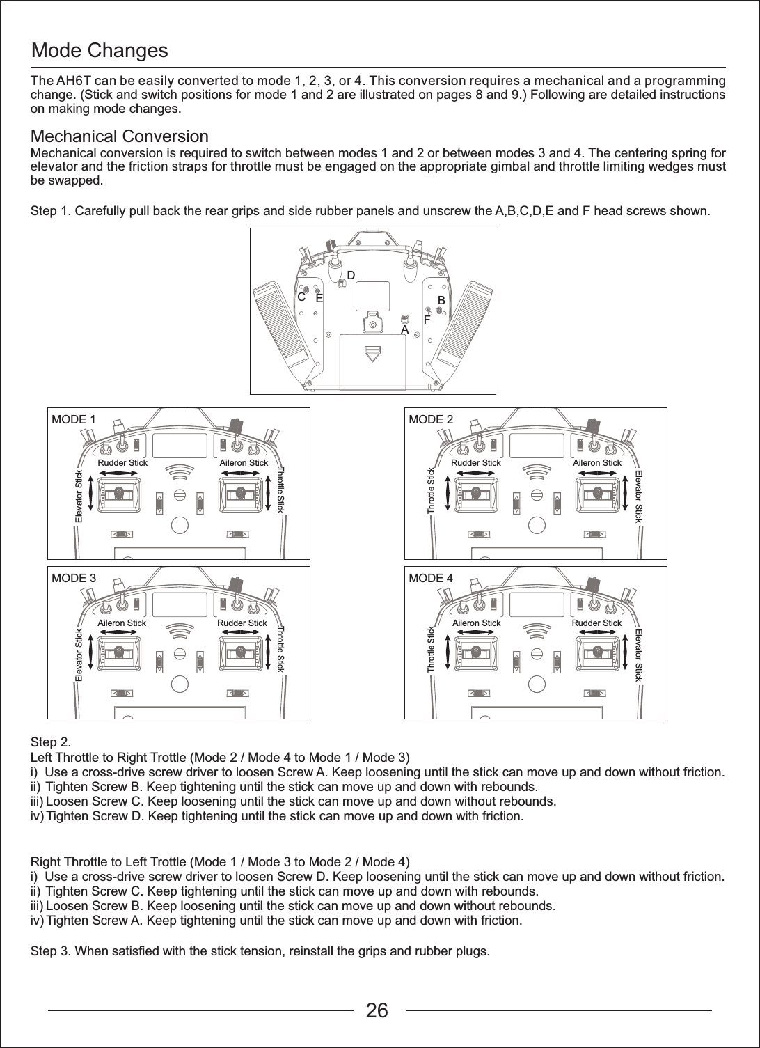 Mode ChangesABCDEFMODE 1Rudder Stick Aileron StickMODE 2MODE 3 MODE 4Elevator StickThrottle StickElevator StickElevator StickThrottle StickThrottle StickElevator StickThrottle StickRudder StickAileron Stick Rudder StickAileron StickRudder Stick Aileron StickThe AH6T can be easily converted to mode 1, 2, 3, or 4. This conversion requires a mechanical and a programming change. (Stick and switch positions for mode 1 and 2 are illustrated on pages 8 and 9.) Following are detailed instructions on making mode changes.Mechanical ConversionMechanical conversion is required to switch between modes 1 and 2 or between modes 3 and 4. The centering spring for elevator and the friction straps for throttle must be engaged on the appropriate gimbal and throttle limiting wedges must be swapped.Step 1. Carefully pull back the rear grips and side rubber panels and unscrew the A,B,C,D,E and F head screws shown.Step 2.Left Throttle to Right Trottle (Mode 2 / Mode 4 to Mode 1 / Mode 3)i)  Use a cross-drive screw driver to loosen Screw A. Keep loosening until the stick can move up and down without friction.ii) Tighten Screw B. Keep tightening until the stick can move up and down with rebounds.iii) Loosen Screw C. Keep loosening until the stick can move up and down without rebounds.iv) Tighten Screw D. Keep tightening until the stick can move up and down with friction.Right Throttle to Left Trottle (Mode 1 / Mode 3 to Mode 2 / Mode 4)i) Use a cross-drive screw driver to loosen Screw D. Keep loosening until the stick can move up and down without friction.ii) Tighten Screw C. Keep tightening until the stick can move up and down with rebounds.iii) Loosen Screw B. Keep loosening until the stick can move up and down without rebounds.iv) Tighten Screw A. Keep tightening until the stick can move up and down with friction.Step 3. When satisfied with the stick tension, reinstall the grips and rubber plugs.26