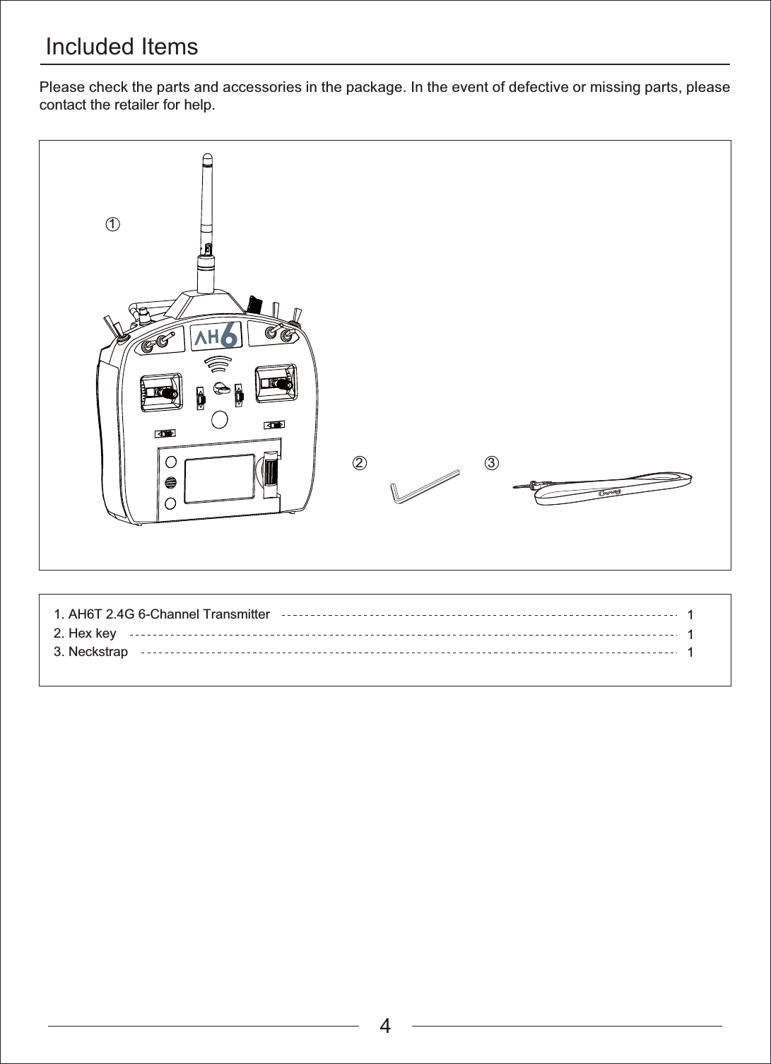 Included Items12 311. AH6T 2.4G 6-Channel Transmitter2. Hex key3. Neckstrap11Please check the parts and accessories in the package. In the event of defective or missing parts, please contact the retailer for help.4