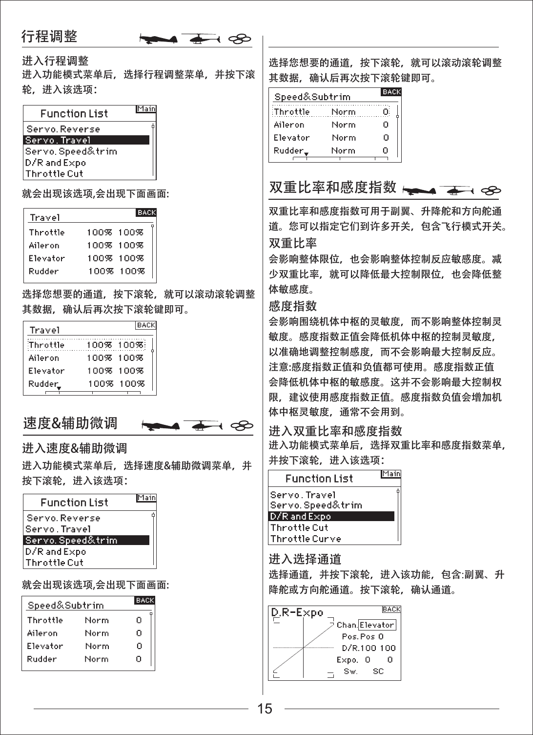 行程调整速度&amp;辅助微调双重比率和感度指数就会出现该选项,会出现下面画面:就会出现该选项,会出现下面画面:选择您想要的通道，按下滚轮，就可以滚动滚轮调整其数据，确认后再次按下滚轮键即可。选择您想要的通道，按下滚轮，就可以滚动滚轮调整其数据，确认后再次按下滚轮键即可。进入功能模式菜单后，选择行程调整菜单，并按下滚轮，进入该选项：双重比率和感度指数可用于副翼、升降舵和方向舵通道。您可以指定它们到许多开关，包含飞行模式开关。双重比率会影响整体限位，也会影响整体控制反应敏感度。减少双重比率，就可以降低最大控制限位，也会降低整体敏感度。感度指数会影响围绕机体中枢的灵敏度，而不影响整体控制灵敏度。感度指数正值会降低机体中枢的控制灵敏度，以准确地调整控制感度，而不会影响最大控制反应。注意:感度指数正值和负值都可使用。感度指数正值会降低机体中枢的敏感度。这并不会影响最大控制权限，建议使用感度指数正值。感度指数负值会增加机体中枢灵敏度，通常不会用到。进入行程调整进入功能模式菜单后，选择速度&amp;辅助微调菜单，并按下滚轮，进入该选项：进入速度&amp;辅助微调 进入功能模式菜单后，选择双重比率和感度指数菜单，并按下滚轮，进入该选项：进入双重比率和感度指数进入选择通道选择通道，并按下滚轮，进入该功能，包含:副翼、升降舵或方向舵通道。按下滚轮，确认通道。15