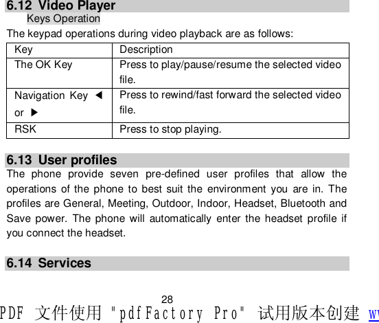                         28  6.12 Video Player Keys Operation The keypad operations during video playback are as follows: Key  Description The OK Key   Press to play/pause/resume the selected video file. Navigation Key  ◀ or  ▶  Press to rewind/fast forward the selected video file. RSK Press to stop playing.  6.13 User profiles The phone provide seven pre-defined user profiles that allow the operations of the phone to best suit the environment you are in. The profiles are General, Meeting, Outdoor, Indoor, Headset, Bluetooth and Save power. The phone will automatically enter the headset profile if you connect the headset.  6.14 Services  PDF 文件使用 &quot;pdfFactory Pro&quot; 试用版本创建 www.fineprint.cn