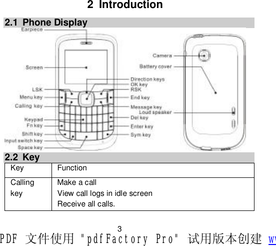                         3 2 Introduction 2.1 Phone Display   2.2 Key Key  Function  Calling key Make a call View call logs in idle screen Receive all calls. PDF 文件使用 &quot;pdfFactory Pro&quot; 试用版本创建 www.fineprint.cn