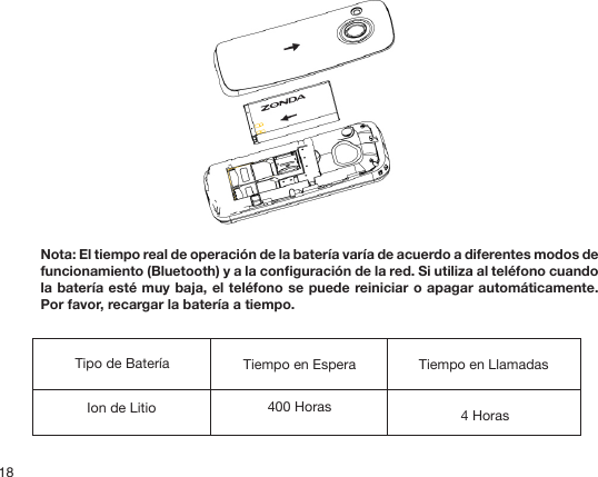 18Tipo de Batería Tiempo en Espera Tiempo en LlamadasIon de Litio 400 Horas 4 HorasNota: El tiempo real de operación de la batería varía de acuerdo a diferentes modos de funcionamiento (Bluetooth) y a la conguración de la red. Si utiliza al teléfono cuando la batería esté muy baja, el teléfono se puede reiniciar o apagar automáticamente. Por favor, recargar la batería a tiempo. 