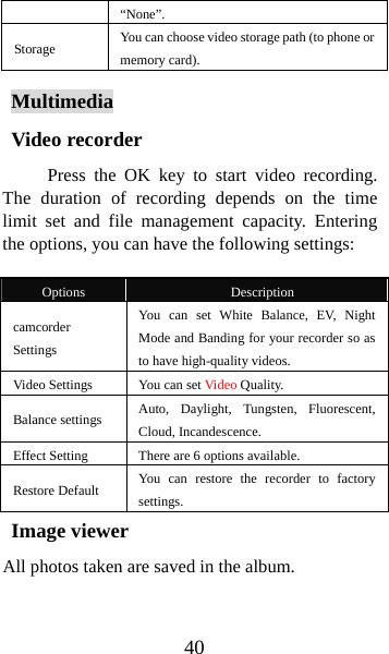 40 “None”. Storage  You can choose video storage path (to phone or memory card).   Multimedia Video recorder Press the OK key to start video recording. The duration of recording depends on the time limit set and file management capacity. Entering the options, you can have the following settings:    Options  Description camcorder Settings You can set White Balance, EV, Night Mode and Banding for your recorder so as to have high-quality videos. Video Settings  You can set Video Quality. Balance settings  Auto, Daylight, Tungsten, Fluorescent, Cloud, Incandescence. Effect Setting  There are 6 options available. Restore Default  You can restore the recorder to factory settings. Image viewer All photos taken are saved in the album.    