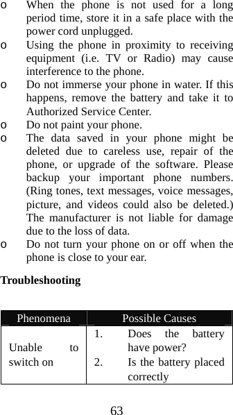 63 o When the phone is not used for a long period time, store it in a safe place with the power cord unplugged. o Using the phone in proximity to receiving equipment (i.e. TV or Radio) may cause interference to the phone. o Do not immerse your phone in water. If this happens, remove the battery and take it to Authorized Service Center. o Do not paint your phone. o The data saved in your phone might be deleted due to careless use, repair of the phone, or upgrade of the software. Please backup your important phone numbers. (Ring tones, text messages, voice messages, picture, and videos could also be deleted.) The manufacturer is not liable for damage due to the loss of data. o Do not turn your phone on or off when the phone is close to your ear. Troubleshooting   Phenomena  Possible Causes Unable to switch on 1. Does the battery have power? 2. Is the battery placed correctly 