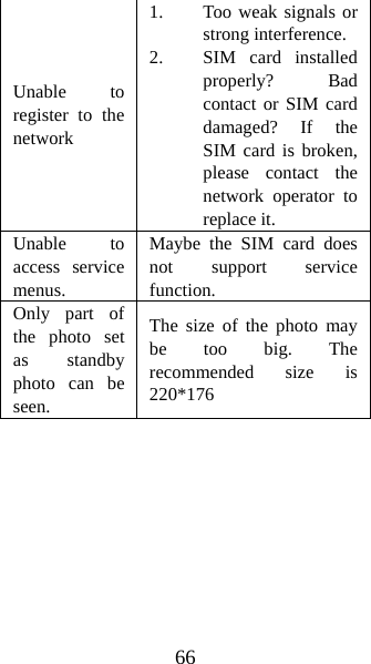 66 Unable to register to the network 1. Too weak signals or strong interference. 2. SIM card installed properly? Bad contact or SIM card damaged? If the SIM card is broken, please contact the network operator to replace it. Unable to access service menus. Maybe the SIM card does not support service function. Only part of the photo set as standby photo can be seen.  The size of the photo may be too big. The recommended size is 220*176        