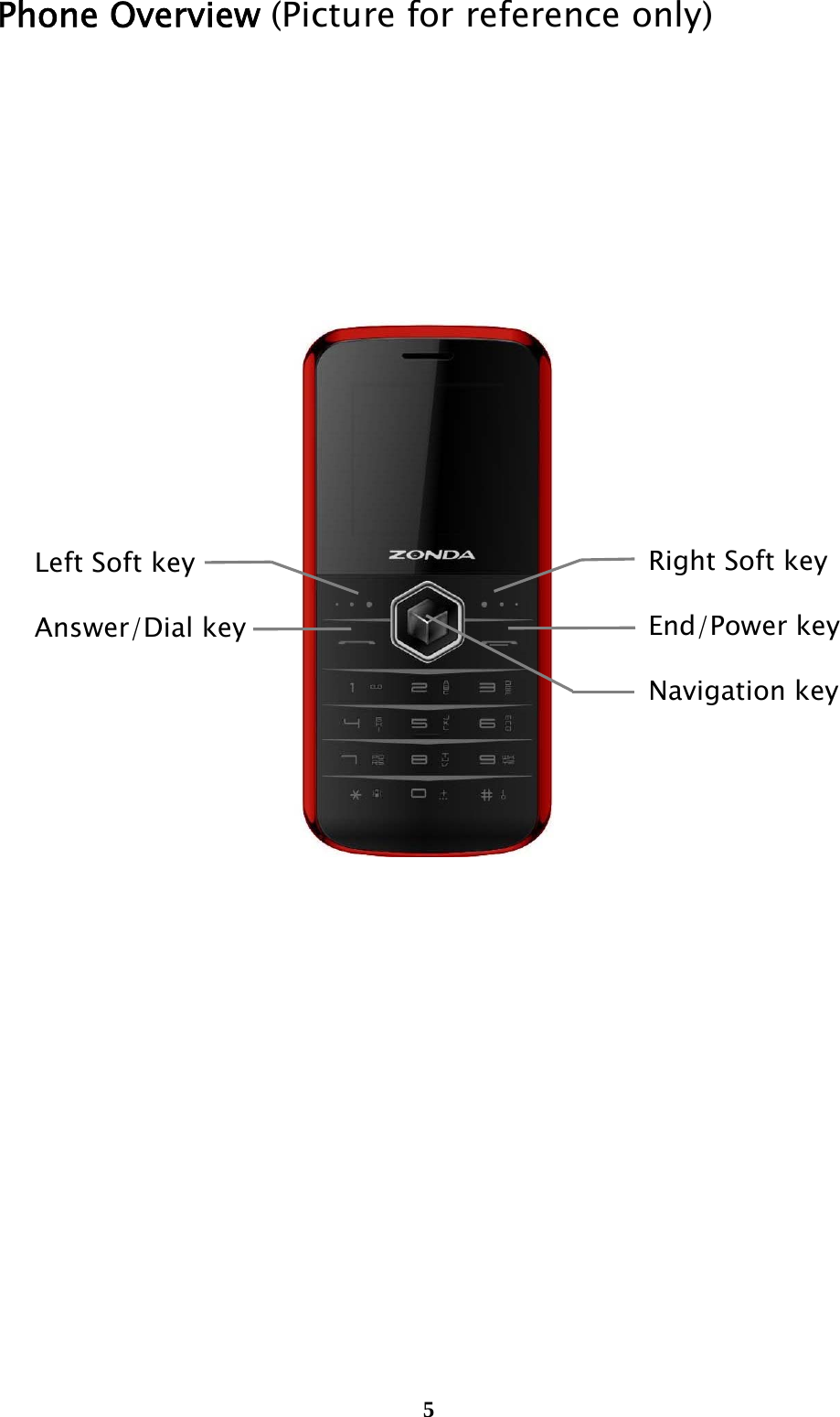  5Phone Overview (Picture for reference only)         Left Soft key Answer/Dial key Right Soft keyEnd/Power keyNavigation key