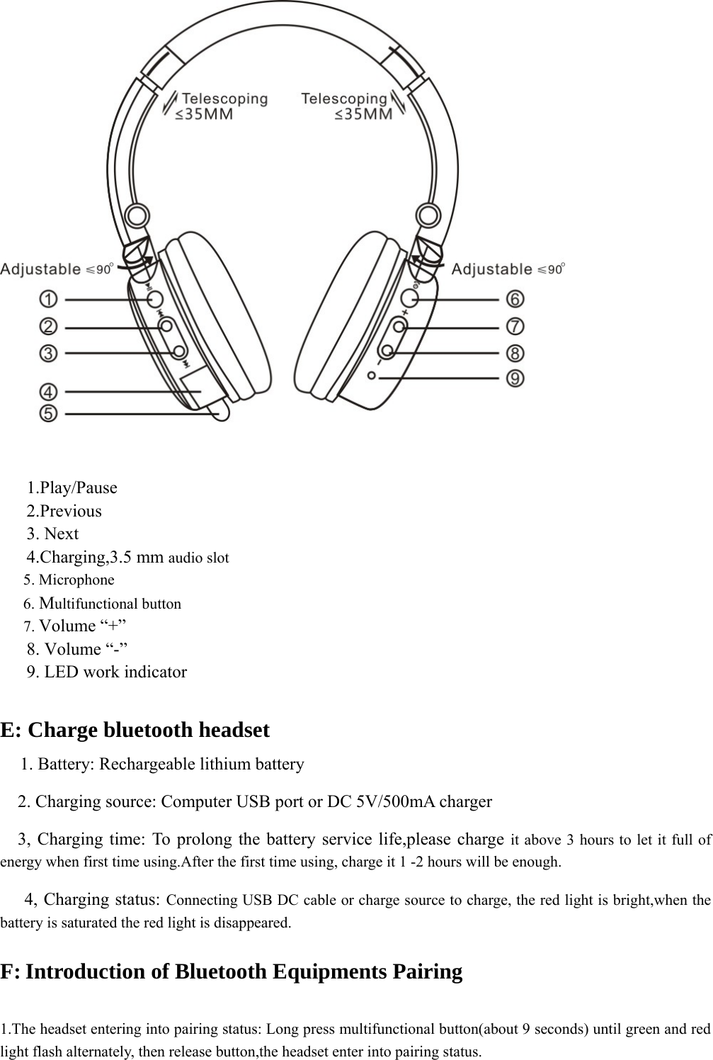     1.Play/Pause 2.Previous 3. Next      4.Charging,3.5 mm audio slot   5. Microphone 6. Multifunctional button      7. Volume “+”    8. Volume “-”    9. LED work indicator  E: Charge bluetooth headset    1. Battery: Rechargeable lithium battery     2. Charging source: Computer USB port or DC 5V/500mA charger     3, Charging time: To prolong the battery service life,please charge it above 3 hours to let it full of energy when first time using.After the first time using, charge it 1 -2 hours will be enough.     4, Charging status: Connecting USB DC cable or charge source to charge, the red light is bright,when the battery is saturated the red light is disappeared.     F: Introduction of Bluetooth Equipments Pairing  1.The headset entering into pairing status: Long press multifunctional button(about 9 seconds) until green and red light flash alternately, then release button,the headset enter into pairing status.      