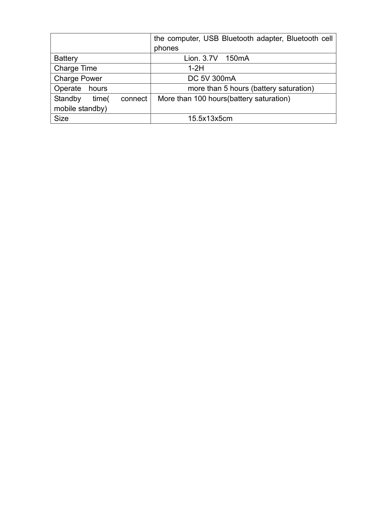    the computer, USB Bluetooth adapter, Bluetooth cell phones Battery Lion. 3.7V  150mA Charge Time  1-2H Charge Power  DC 5V 300mA Operate  hours  more than 5 hours (battery saturation) Standby time( connect mobile standby)   More than 100 hours(battery saturation) Size 15.5x13x5cm 
