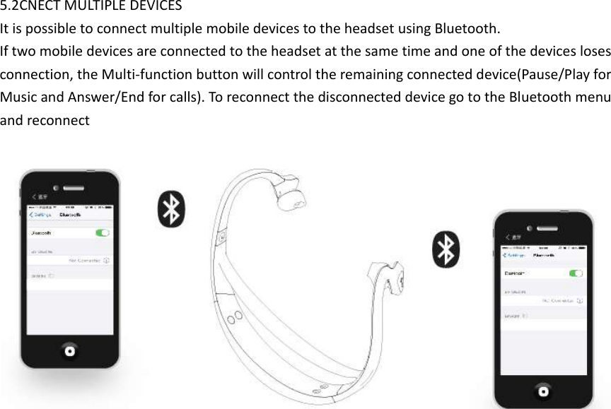  5.2CNECT MULTIPLE DEVICES It is possible to connect multiple mobile devices to the headset using Bluetooth. If two mobile devices are connected to the headset at the same time and one of the devices loses connection, the Multi-function button will control the remaining connected device(Pause/Play for Music and Answer/End for calls). To reconnect the disconnected device go to the Bluetooth menu and reconnect                           