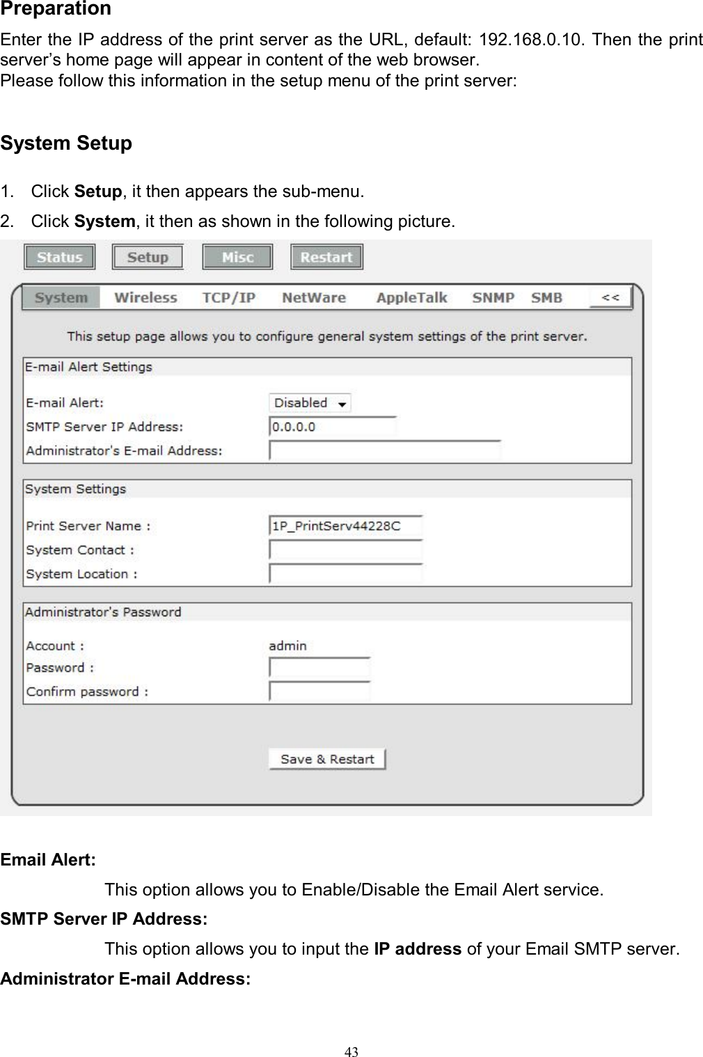                                                                                             43  Preparation Enter the IP address of the print server as the URL, default: 192.168.0.10. Then the print server&rsquo;s home page will appear in content of the web browser. Please follow this information in the setup menu of the print server:   System Setup  1.  Click Setup, it then appears the sub-menu. 2.  Click System, it then as shown in the following picture.    Email Alert:  This option allows you to Enable/Disable the Email Alert service. SMTP Server IP Address:  This option allows you to input the IP address of your Email SMTP server. Administrator E-mail Address:  