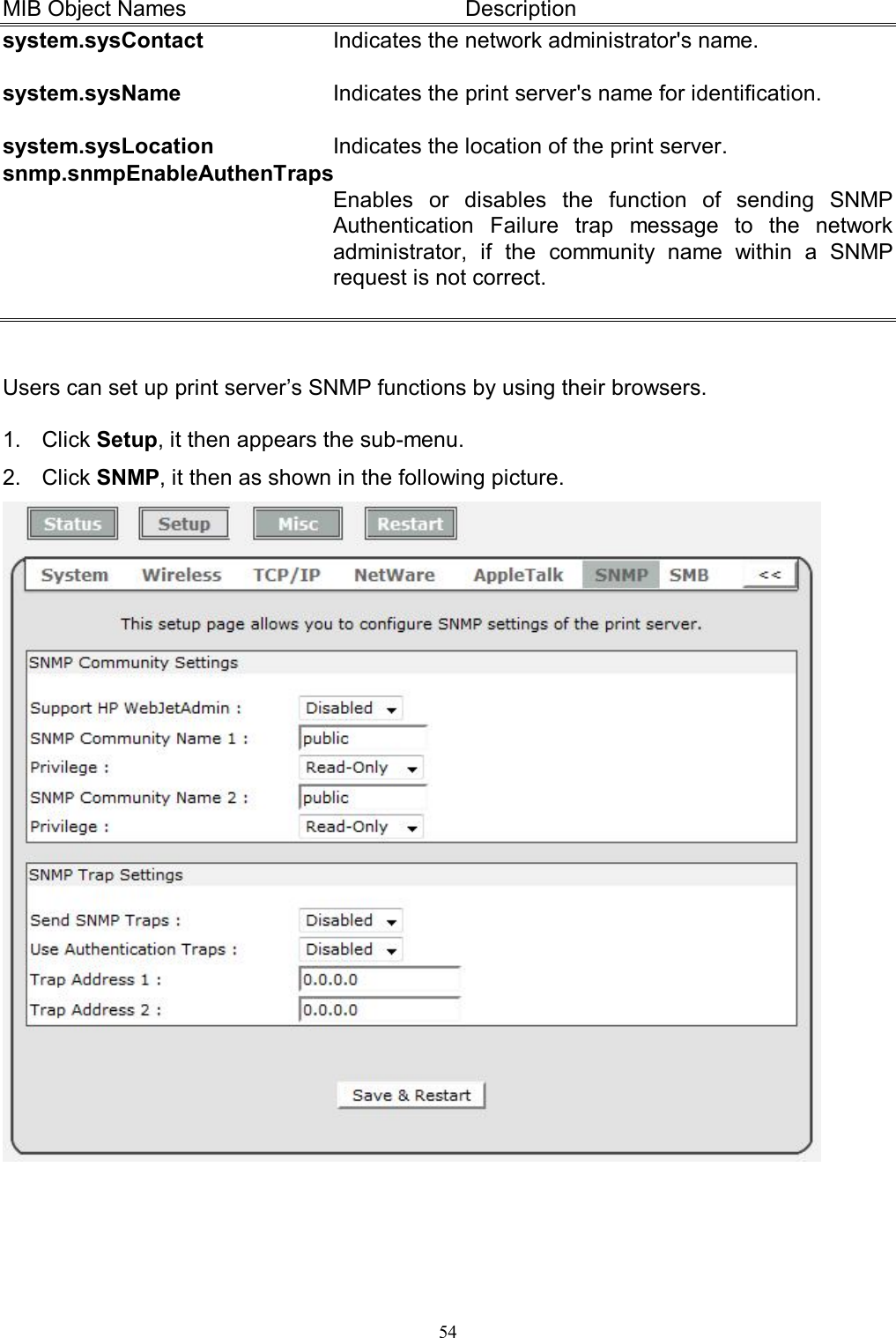   54MIB Object Names          Description system.sysContact  Indicates the network administrator's name.  system.sysName  Indicates the print server's name for identification.  system.sysLocation  Indicates the location of the print server. snmp.snmpEnableAuthenTraps Enables  or  disables  the  function  of  sending  SNMP Authentication  Failure  trap  message  to  the  network administrator,  if  the  community  name  within  a  SNMP request is not correct.    Users can set up print server&rsquo;s SNMP functions by using their browsers.  1.  Click Setup, it then appears the sub-menu. 2.  Click SNMP, it then as shown in the following picture.     