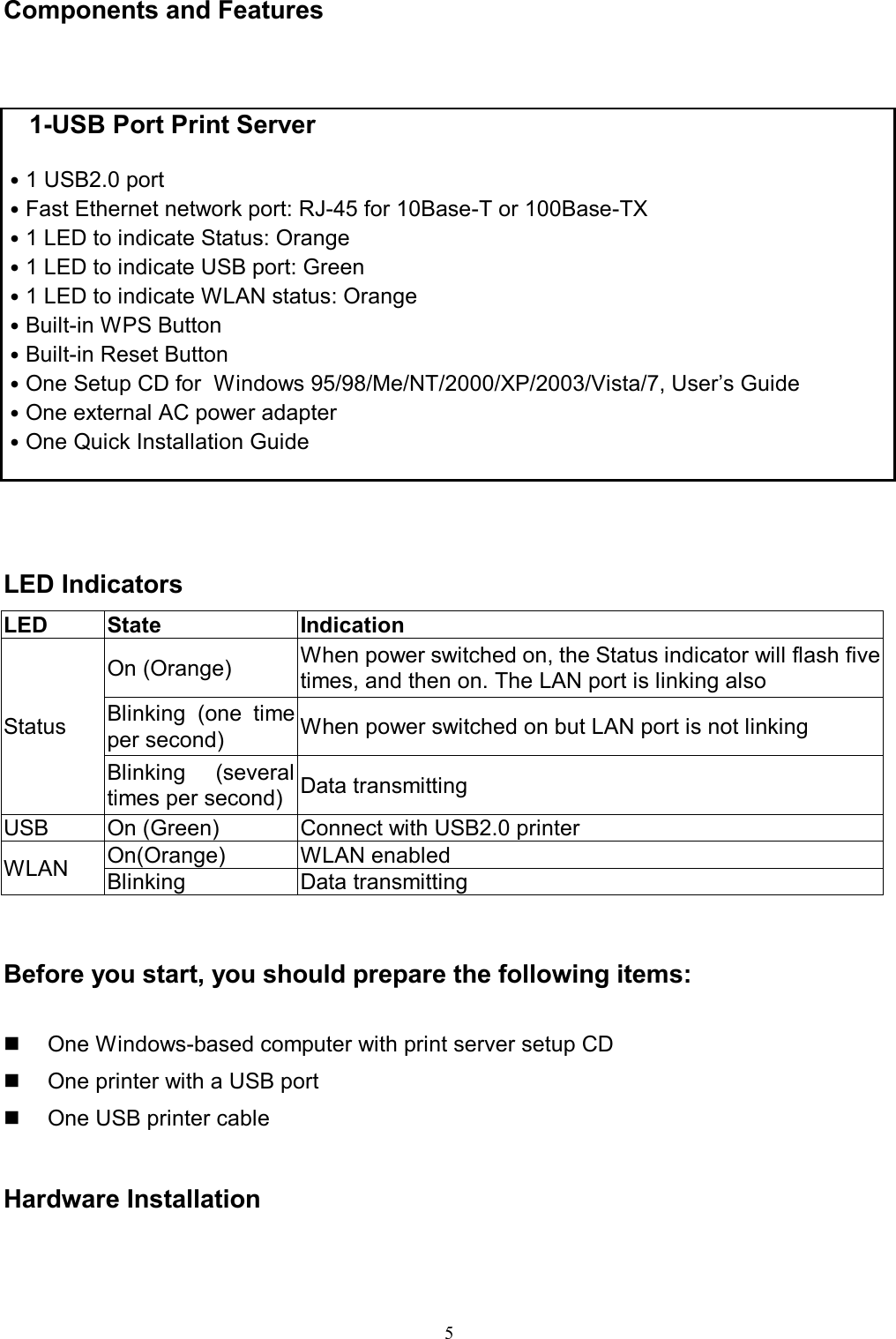                                                                                             5  Components and Features  1-USB Port Print Server  ˙1 USB2.0 port ˙Fast Ethernet network port: RJ-45 for 10Base-T or 100Base-TX ˙1 LED to indicate Status: Orange ˙1 LED to indicate USB port: Green  ˙1 LED to indicate WLAN status: Orange ˙Built-in WPS Button ˙Built-in Reset Button ˙One Setup CD for  Windows 95/98/Me/NT/2000/XP/2003/Vista/7, User&rsquo;s Guide ˙One external AC power adapter ˙One Quick Installation Guide      LED Indicators LED  State  Indication Status On (Orange)  When power switched on, the Status indicator will flash five times, and then on. The LAN port is linking also Blinking  (one  time per second)  When power switched on but LAN port is not linking Blinking  (several times per second) Data transmitting  USB  On (Green)  Connect with USB2.0 printer WLAN  On(Orange)  WLAN enabled Blinking  Data transmitting   Before you start, you should prepare the following items:    One Windows-based computer with print server setup CD   One printer with a USB port   One USB printer cable   Hardware Installation  