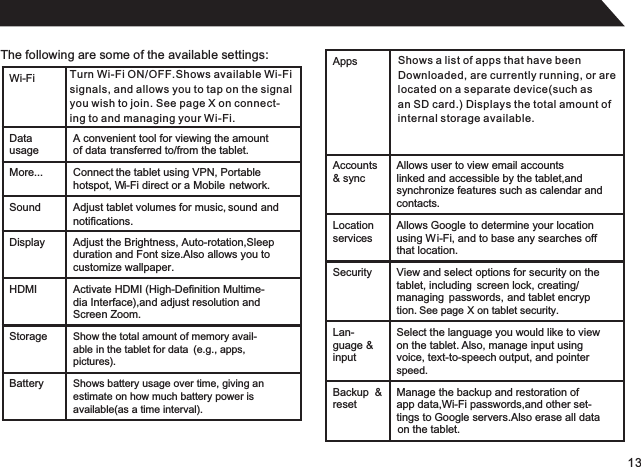 13The following are some of the available settings:Turn Wi-Fi ON/OFF.Shows available Wi-Fisignals, and allows you to tap on the signalyou wish to join. See page X on connect-ing to and managing your Wi-Fi.Shows a list of apps that have beenDownloaded, are currently running, or arelocated on a separate device(such asan SD card.) Displays the total amount ofinternal storage available.Wi-FiDatausageA convenient tool for viewing the amountof data transferred to/from the tablet.More... Connect the tablet using VPN, Portable hotspot, Wi-Fi direct or a Mobile  network.Sound Adjust tablet volumes for music, sound and Display Adjust the Brightness, Auto-rotation,Sleepduration and Font size.Also allows you to  customize wallpaper.HDMI Activate HDMI (High-Definition Multime-dia Interface),and adjust resolution andScreen Zoom.Storage Show the total amount of memory avail-able in the tablet for data  (e.g., apps, pictures).Battery Shows battery usage over time, giving anestimate on how much battery power is available(as a time interval).AppsAccounts &amp; syncAllows user to view email accountslinked and accessible by the tablet,andsynchronize features such as calendar andcontacts.Location servicesAllows Google to determine your locationusing Wi-Fi, and to base any searches off that location.Security View and select options for security on the tablet, including  screen lock, creating/managing  passwords, and tablet encryption.  See page X on tablet security.Lan-guage &amp; inputSelect the language you would like to viewon the tablet.  Also, manage input using voice, text-to-speech output, and pointerspeed.Backup  &amp; resetManage the backup and restoration ofapp data,Wi-Fi passwords,and other set-tings to Google servers.Also erase all dataon the tablet. notifications.