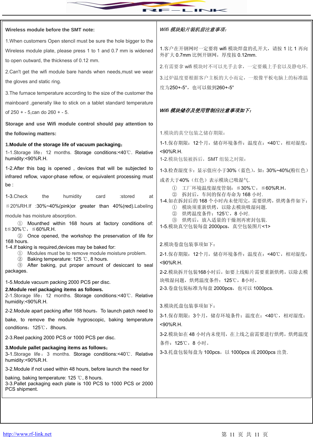  http://www.rf-link.net  第 11 页 共 11 页 Wireless module before the SMT note: 1.When customers Open stencil must be sure the hole bigger to the Wireless module plate, please press 1 to 1 and 0.7 mm is widened to open outward, the thickness of 0.12 mm. 2.Can&apos;t get the wifi module bare hands when needs,must we wear the gloves and static ring. 3.The furnace temperature according to the size of the customer the mainboard ,generally like to stick on a tablet standard temperature of 250 + - 5,can do 260 + - 5. Storage and use Wifi module control should pay attention to the following matters: 1.Module of the storage life of vacuum packaging： 1-1.Storage life：12 months. Storage conditions:&lt;40 . Relative ℃humidity:&lt;90%R.H. 1-2.After this bag is opened , devices that will be subjected to infrared reflow, vapor-phase reflow, or equivalent processing must be : 1-3.Check the humidity card :stored at 20%RH.If :≦30%~40%(pink)or greater than 40%(red).Labeling module has moisture absorption. ①  Mounthed within 168 hours at factory conditions of: t 30%≦℃，60%R.H.≦ ②  Once opened, the workshop the preservation of life for 168 hours. 1-4.If baking is required,devices may be baked for: ①  Modules must be to remove module moisture problem. ②  Baking temperature: 125  , 8 hours.℃ ③  After baking, put proper amount of desiccant to seal packages. 1-5.Module vacuum packing 2000 PCS per disc. 2.Module reel packaging items as follows. 2-1.Storage life：12 months. Storage conditions:&lt;40 . Relative ℃humidity:&lt;90%R.H. 2-2.Module apart packing after 168 hours，To launch patch need to bake, to remove the module hygroscopic, baking temperature conditions：125℃，8hours. 2-3.Reel packing 2000 PCS or 1000 PCS per disc. 3.Module pallet packaging items as follows： 3-1.Storage life ：3 months. Storage conditions:&lt;40 . Relative ℃humidity:&lt;90%R.H. 3-2.Module if not used within 48 hours, before launch the need for baking, baking temperature: 125  , 8℃ hours. 3-3.Pallet packaging each plate is 100 PCS to 1000 PCS or 2000 PCS shipment.  Wifi模块贴片装机前注意事项：  1.客户在开钢网时一定要将 wifi 模块焊盘的孔开大，请按 1比1再向外扩大 0.7mm 比例开钢网，厚度按 0.12mm. 2.有需要拿 wifi 模块时不可以光手去拿，一定要戴上手套以及静电环.3.过炉温度要根据客户主板的大小而定，一般像平板电脑上的标准温度为250+-5°，也可以做到260+-5°  Wifi模块储存及使用管制应注意事项如下：  1.模块的真空包装之储存期限： 1-1.保存期限：12个月，储存环境条件：温度在：&lt;40℃，相对湿度：&lt;90%R.H. 1-2.模块包装被拆后，SMT 组装之时限： 1-3.检查湿度卡：显示值应小于30%（蓝色），如 ：30%~40%(粉红色）或者大于40%（红色）表示模块已吸湿气. ①  工厂环境温度湿度管制： 30%≦℃，60%R.H≦。 ②  拆封后，车间的保存寿命为 168 小时. 1-4.如在拆封后的 168 个小时内未使用完，需要烘烤，烘烤条件如下：①  模块须重新烘烤，以除去模块吸湿问题. ②  烘烤温度条件：125℃，8小时. ③  烘烤后，放入适量的干燥剂再密封包装. 1-5.模块真空包装每盘 2000pcs，真空包装图片&lt;1&gt;   2.模块卷盘包装事项如下： 2-1.保存期限：12个月，储存环境条件：温度在：&lt;40℃，相对湿度：&lt;90%R.H. 2-2.模块拆开包装168小时后，如要上线贴片需要重新烘烤，以除去模块吸湿问题，烘烤温度条件：125℃，8小时。 2-3.卷盘包装标准为每盘 2000pcs，也可以 1000pcs.  3.模块托盘包装事项如下： 3-1.保存期限：3个月，储存环境条件：温度在：&lt;40℃，相对湿度：&lt;90%R.H. 3-2.模块如在 48 小时内未使用，在上线之前需要进行烘烤，烘烤温度条件：125℃，8小时。 3-3.托盘包装每盘为 100pcs，以 1000pcs 或2000pcs 出货.    