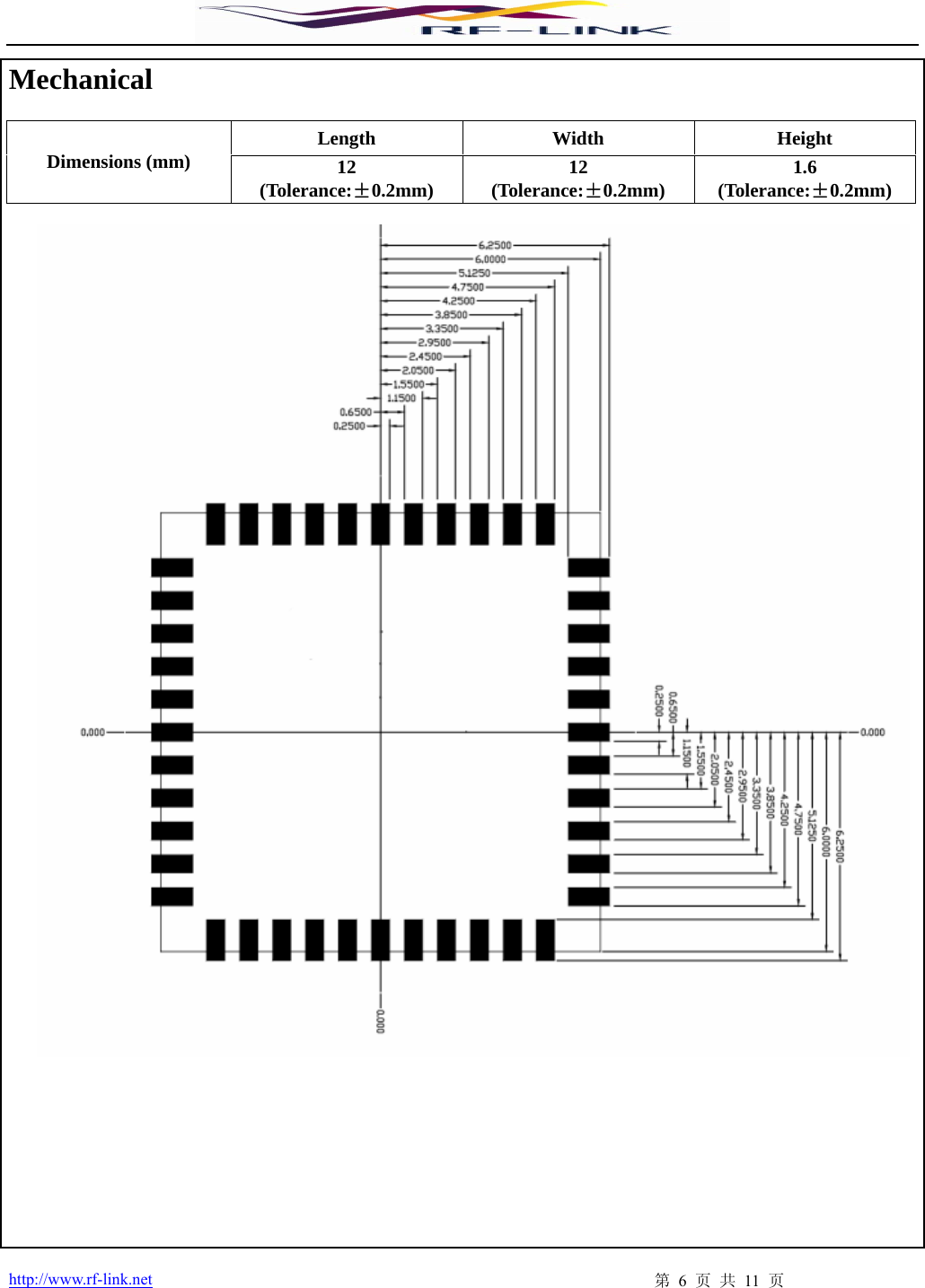  http://www.rf-link.net  第 6 页 共 11 页 Mechanical  Length   Width    Height  Dimensions (mm)  12 (Tolerance:±0.2mm)  12 (Tolerance:±0.2mm)  1.6 (Tolerance:±0.2mm)              