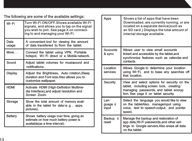 13The following are some of the available settings:Turn Wi-Fi ON/OFF.Shows available Wi-Fisignals, and allows you to tap on the signalyou wish to join. See page X on connect-ing to and managing your Wi-Fi.Shows a list of apps that have beenDownloaded, are currently running, or arelocated on a separate device(such asan SD card.) Displays the total amount ofinternal storage available.Wi-FiDatausageA convenient tool for viewing the amountof data transferred to/from the tablet.More... Connect the tablet using VPN, Portable hotspot, W i-Fi direct or a Mobile network.Sound Adjust tablet volumes for music, sound and Display Adjust the Brightness, Auto-rotation,Sleepduration and Font size.Also allows you to  customize wallpaper.HDMI Activate HDMI (High-Definition Multime-dia Interface),and adjust resolution andScreen Zoom.Storage Show the total amount of memory avail-able in the tablet for data (e.g., apps, pictures).Battery Shows battery usage over time, giving anestimate on how much battery power is available(as a time interval).AppsAccounts &amp; syncAllows user to view email accountslinked and accessible by the tablet,andsynchronize features such as calendar andcontacts.Location servicesAllows Google to determine your locationusing Wi-Fi, and to base any searches off that location.Security View and select options for security on the tablet, including screen lock, creating/managing  passwords, and tablet encryption.  See page X on tablet security.Lan-guage &amp; inputSelect the language you would like to viewon the tablet.  Also, manage input using voice, text-to-speech output, and pointerspeed.Backup  &amp; resetManage the backup and restoration ofapp data,Wi-Fi passwords,and other set-tings to Google servers.Also erase all dataon the tablet. notifications.