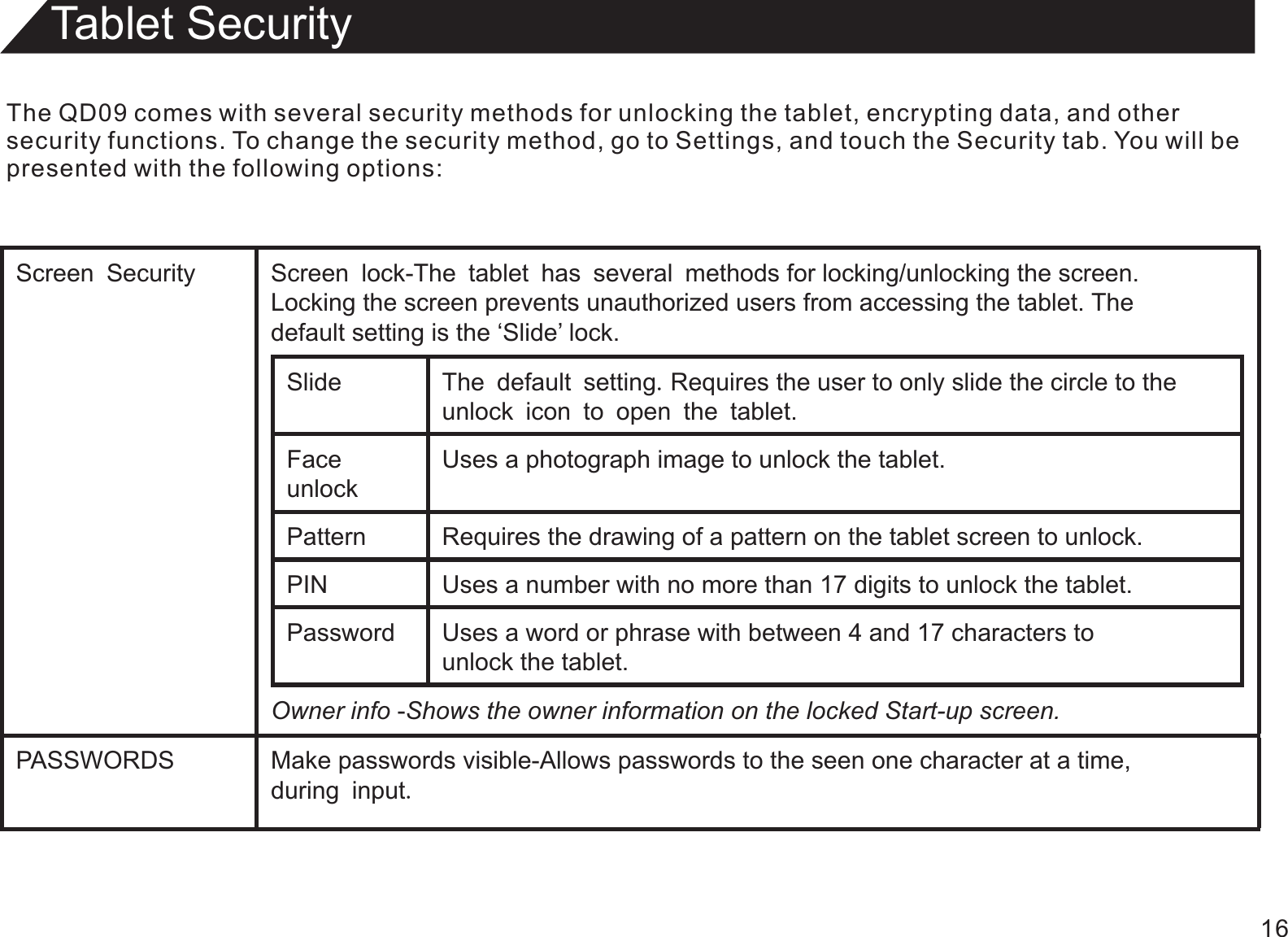 Tablet SecurityThe QD09 comes with several security methods for unlocking the tablet, encrypting data, and othersecurity functions. To change the security method, go to Settings, and touch the Security tab. You will bepresented with the following options:16Screen Security Screen lock-The tablet has several methods for locking/unlocking the screen.  Locking the screen prevents unauthorized users from accessing the tablet. The  default setting is the ‘Slide’ lock.Slide The default setting.   Requires the user to only slide the circle to theunlock icon to open the tablet.Face unlockUses a photograph image to unlock the tablet.Pattern Requires the drawing of a pattern on the tablet screen to unlock. PIN Uses a number with no more than 17 digits to unlock the tablet.Password Uses a word or phrase with between 4 and 17 characters tounlock the tablet.Owner info -Shows the owner information on the locked Start-up screen.PASSWORDS Make passwords visible-Allows passwords to the seen one character at a time,during input.