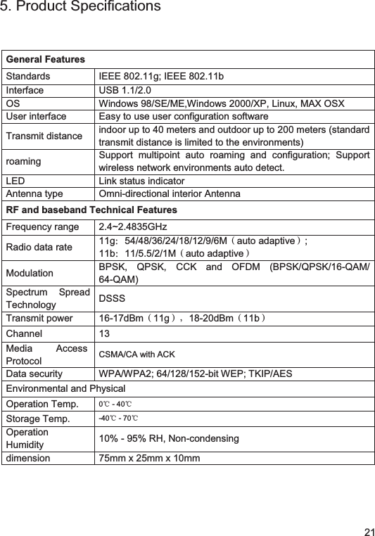 215. Product SpecificationsGeneral FeaturesStandards IEEE 802.11g; IEEE 802.11bInterface USB 1.1/2.0OS Windows 98/SE/ME,Windows 2000/XP, Linux, MAX OSXUser interface Easy to use user configuration softwareTransmit distance indoor up to 40 meters and outdoor up to 200 meters (standardtransmit distance is limited to the environments)roaming Support multipoint auto roaming and configuration; Supportwireless network environments auto detect.LED Link status indicatorAntenna type Omni-directional interior AntennaRF and baseband Technical FeaturesFrequency range 2.4~2.4835GHzRadio data rate 11gġ54/48/36/24/18/12/9/6Mďauto adaptiveĐ;11bġ11/5.5/2/1Mďauto adaptiveĐModulation BPSK, QPSK, CCK and OFDM (BPSK/QPSK/16-QAM/64-QAM)Spectrum SpreadTechnology DSSSTransmit power 16-17dBmď11gĐē18-20dBmď11bĐChannel 13Media Access ProtocolCSMA/CA with ACKData security WPA/WPA2; 64/128/152-bit WEP; TKIP/AESEnvironmental and PhysicalOperation Temp. 0ć-40ćStorage Temp. -40ć-70ćOperationHumidity 10% - 95% RH, Non-condensingdimension 75mm x 25mm x 10mm